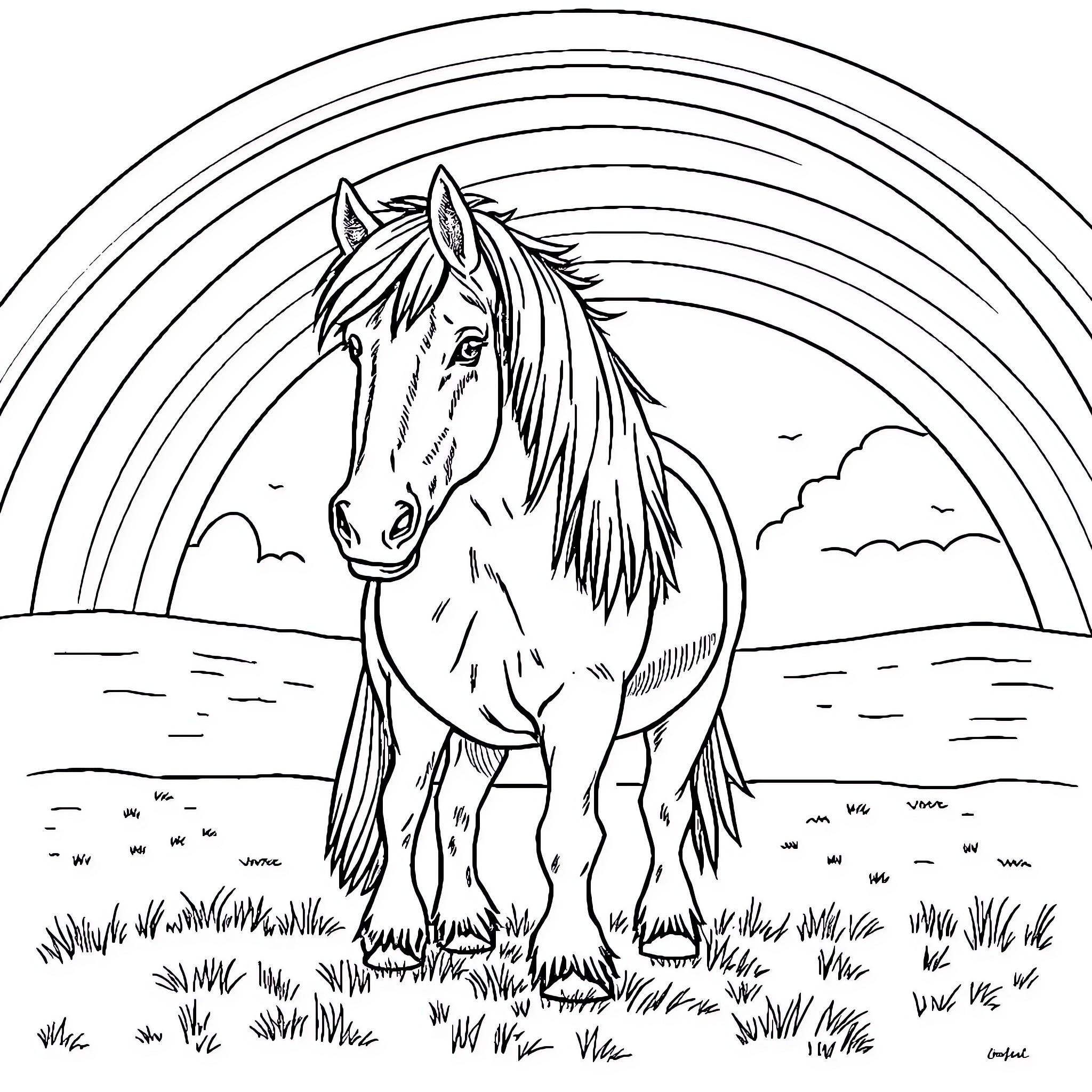 Shetland Pony standing proudly in a field with a rainbow Coloring Page (free black-and-white line drawing printable PDF for all, from beginners to advanced learners, including children, teens, adults, and seniors)