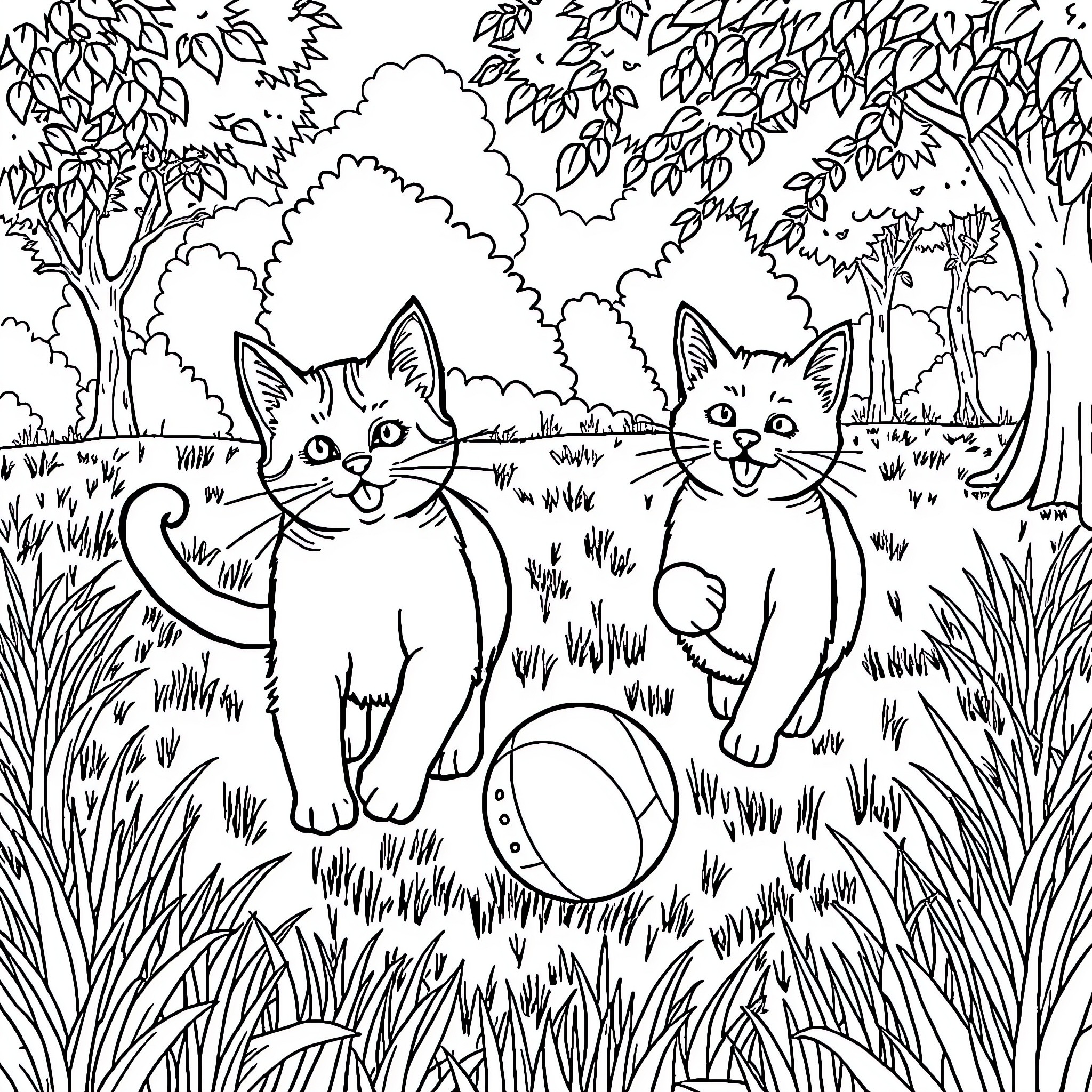 Gato kittens playing joyfully in the forest Coloring Page (free black-and-white line drawing printable PDF for all, from beginners to advanced learners, including children, teens, adults, and seniors)
