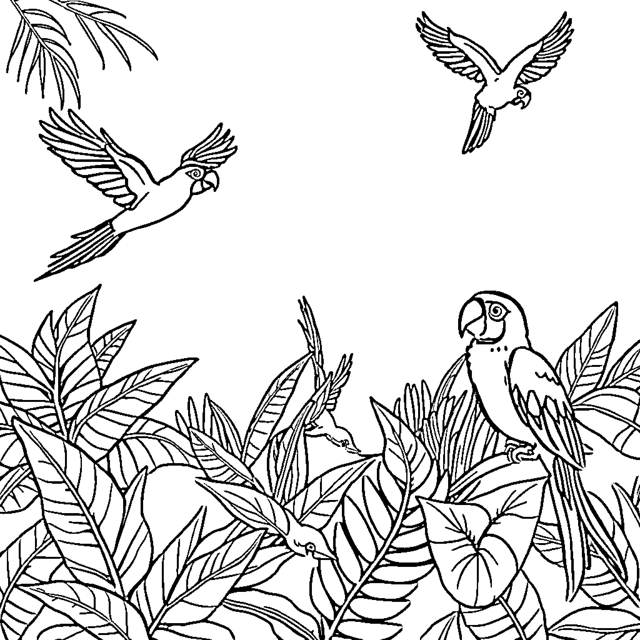 Parrots soaring amidst lush tropical foliage Coloring Page (free black-and-white line drawing printable PDF for all, from beginners to advanced learners, including children, teens, adults, and seniors)