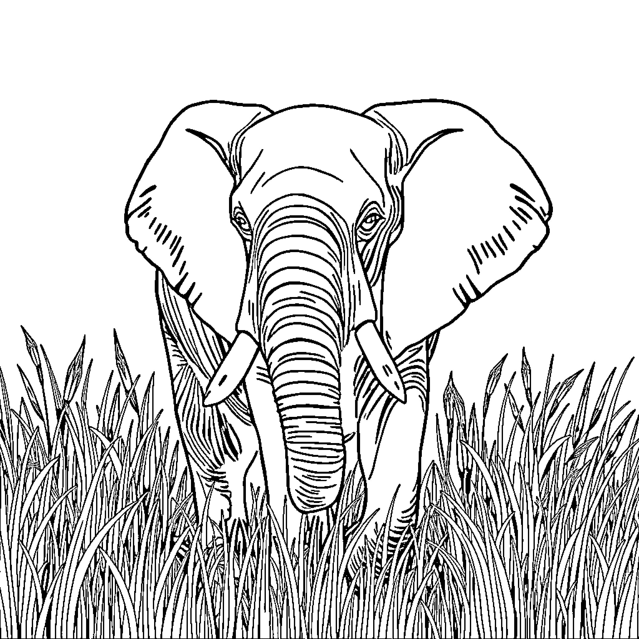 Elephant walking through tall grass Coloring Page (free black-and-white line drawing printable PDF for all, from beginners to advanced learners, including children, teens, adults, and seniors)