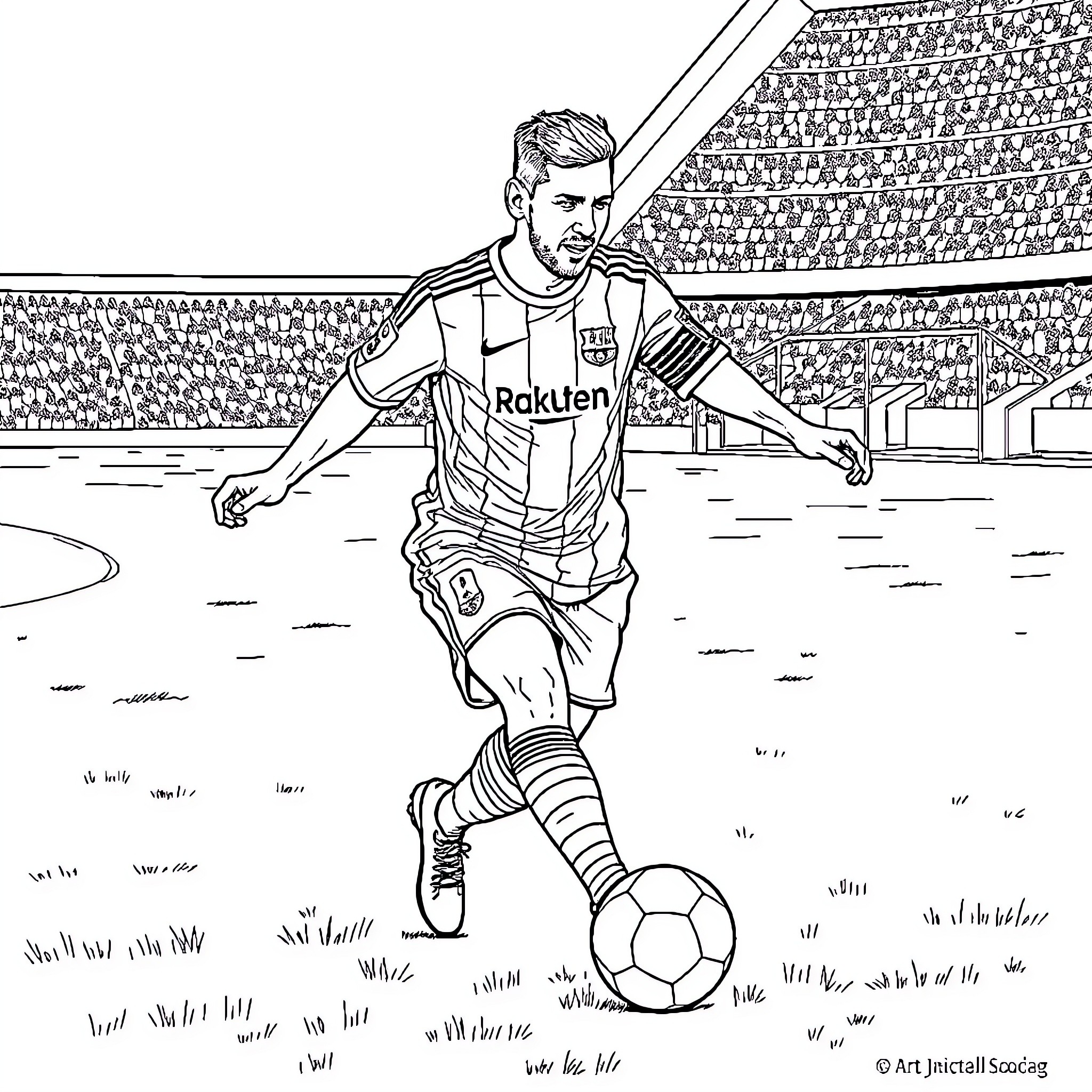 Lionel Messi playing soccer in a stadium Coloring Page (free black-and-white line drawing printable PDF for all, from beginners to advanced learners, including children, teens, adults, and seniors)