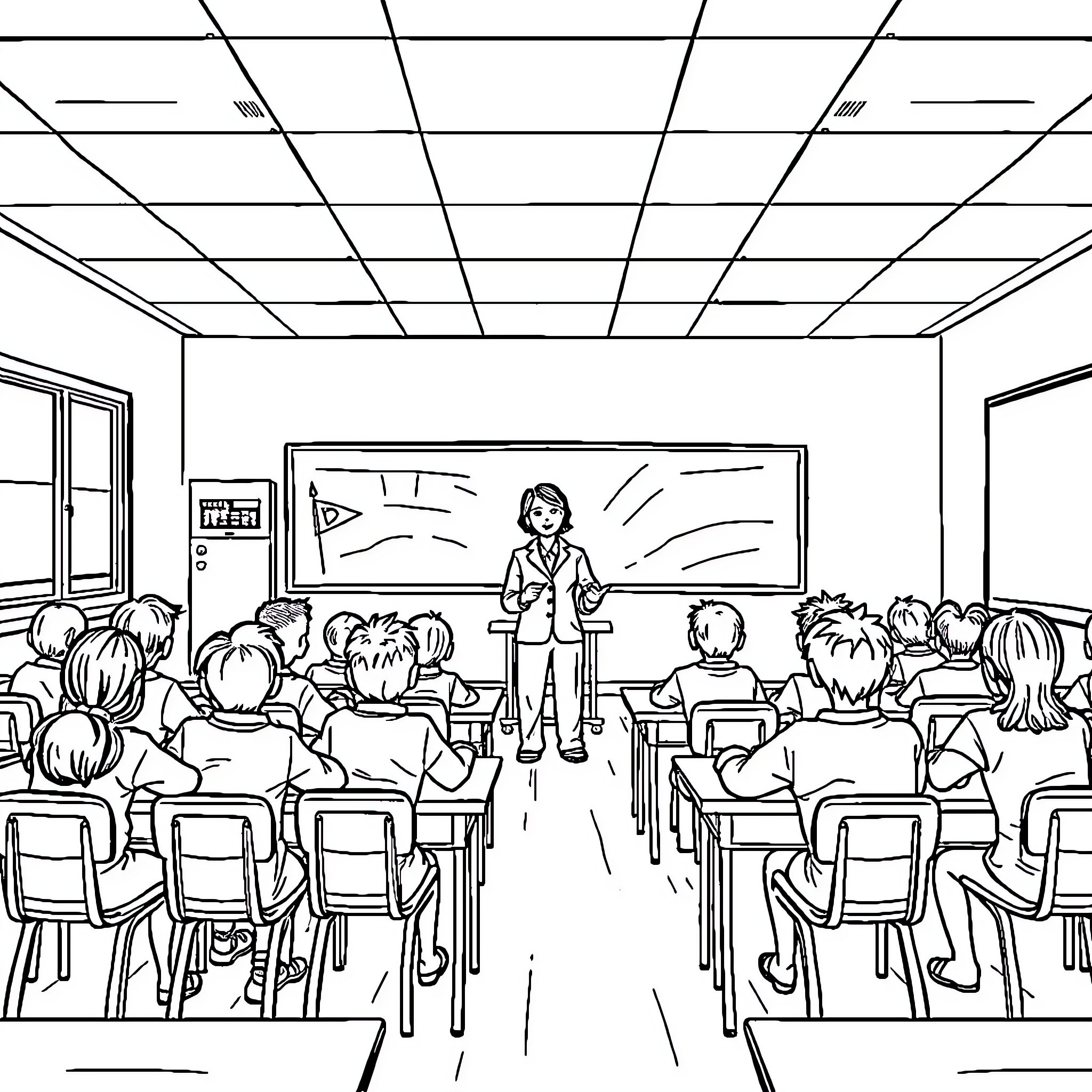 Classroom of students engaged in learning Coloring Page (free black-and-white line drawing printable PDF for all, from beginners to advanced learners, including children, teens, adults, and seniors)