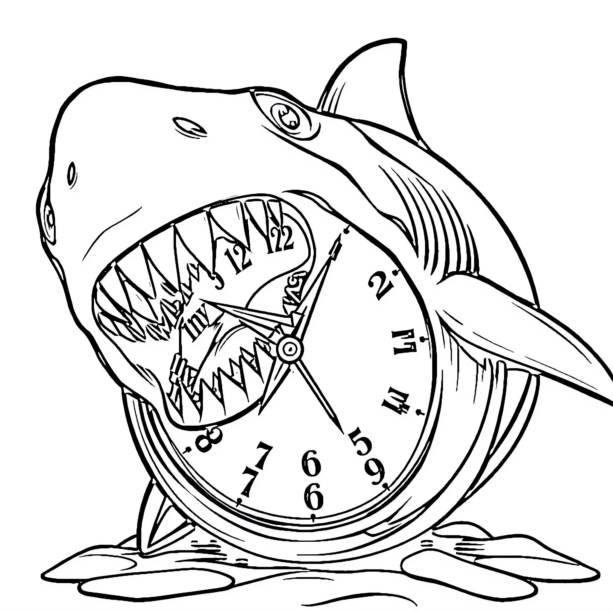 Shark-shaped clock with menacing expression Coloring Page (free black-and-white line drawing printable PDF for all, from beginners to advanced learners, including children, teens, adults, and seniors)