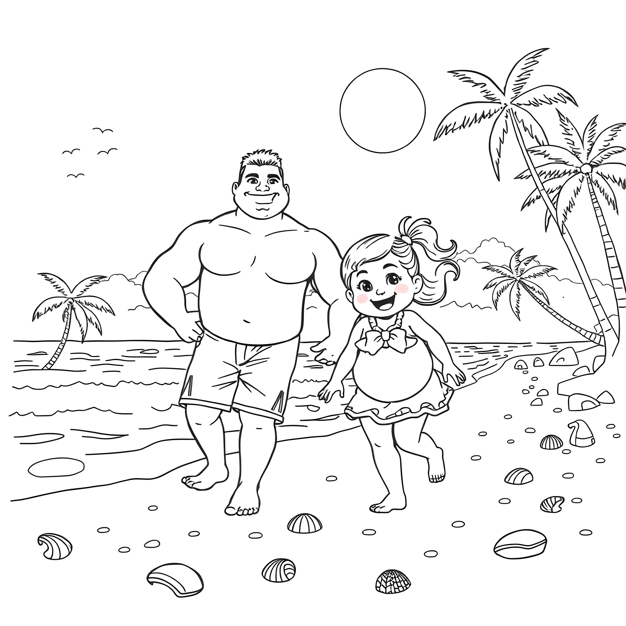 Man and Woman Enjoying Beach Scenery Coloring Page (free black-and-white line drawing printable PDF for all, from beginners to advanced learners, including children, teens, adults, and seniors)