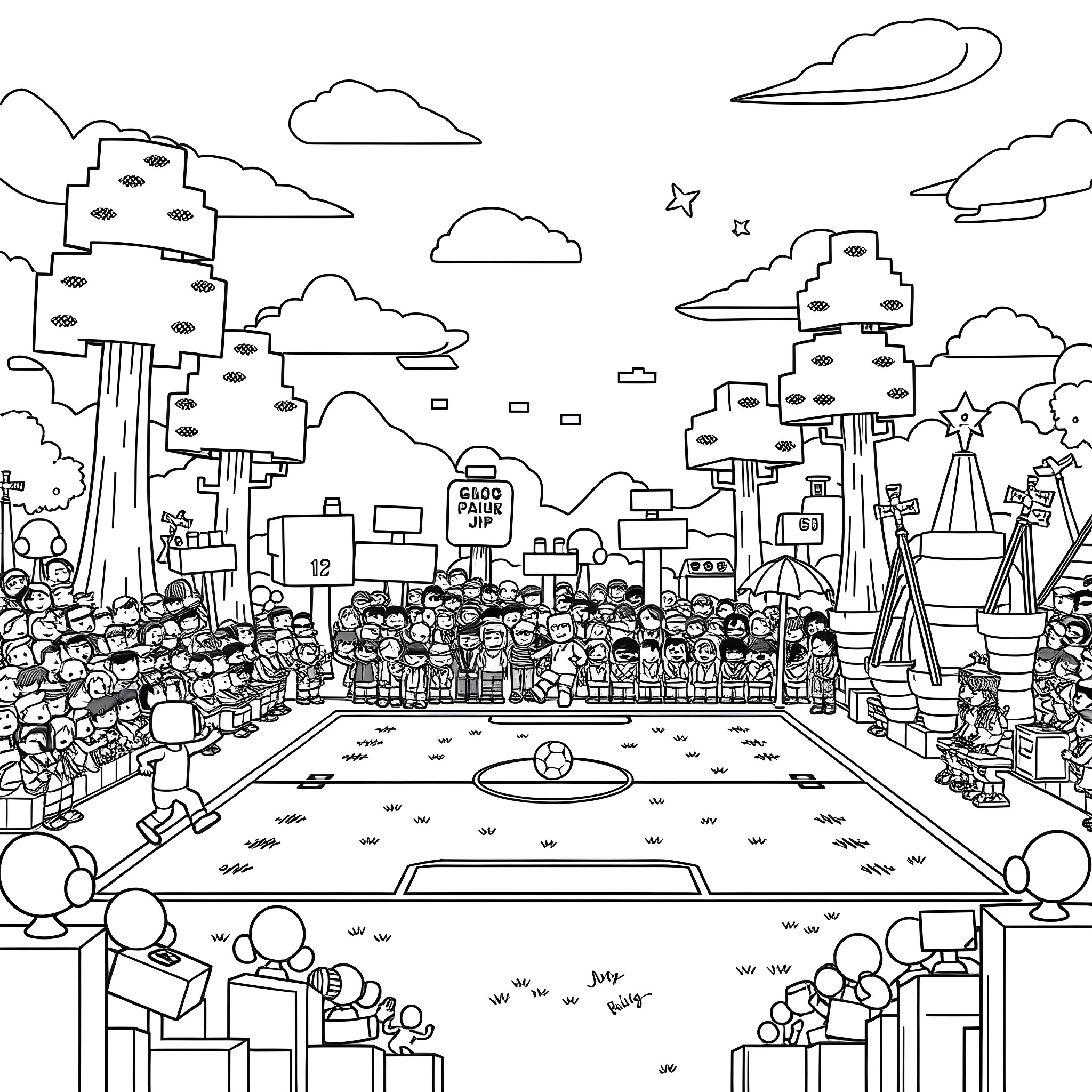 Minecraft players gathered for a soccer match in the village Coloring Page (free black-and-white line drawing printable PDF for all, from beginners to advanced learners, including children, teens, adults, and seniors)