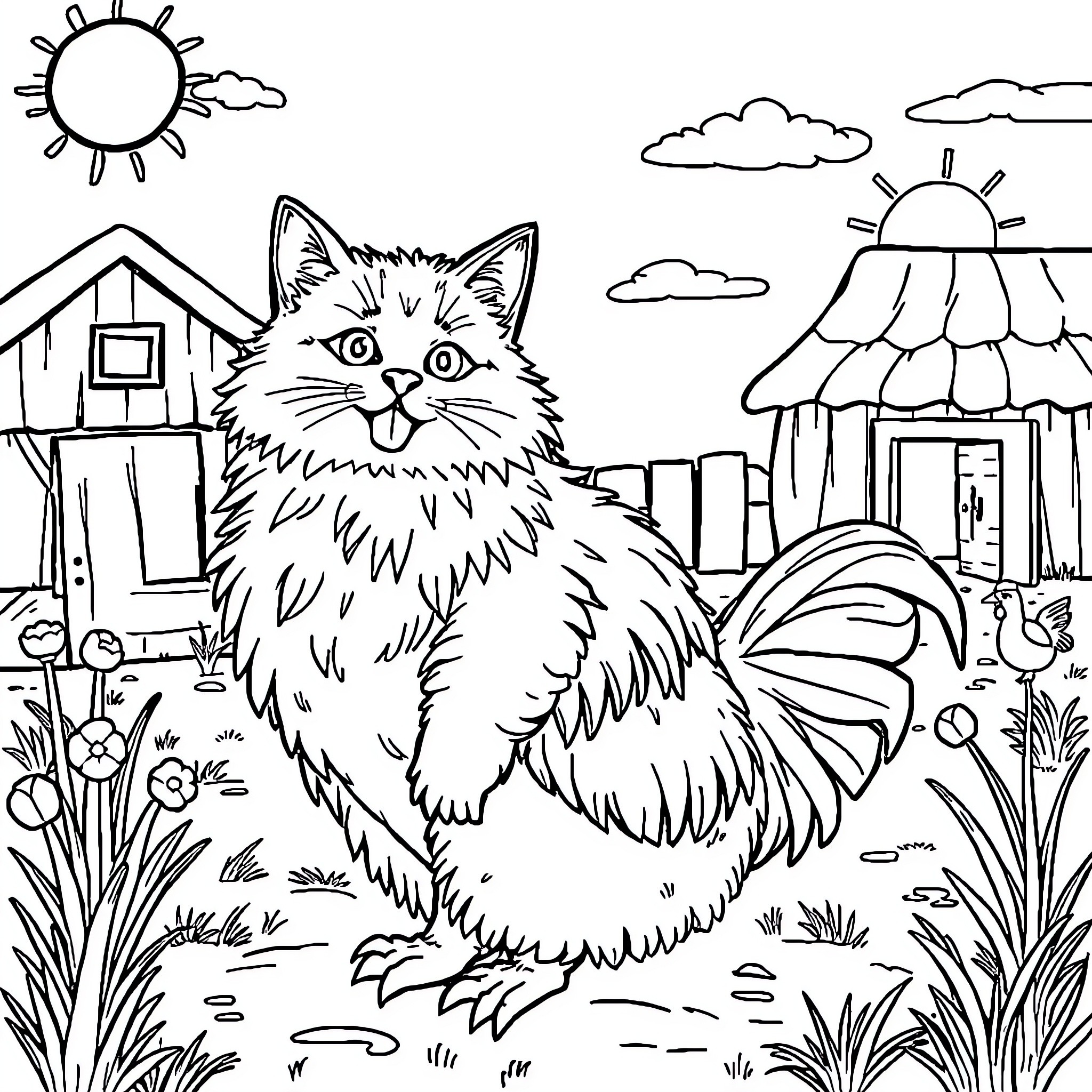 Cat in a countryside scene Coloring Page (free black-and-white line drawing printable PDF for all, from beginners to advanced learners, including children, teens, adults, and seniors)