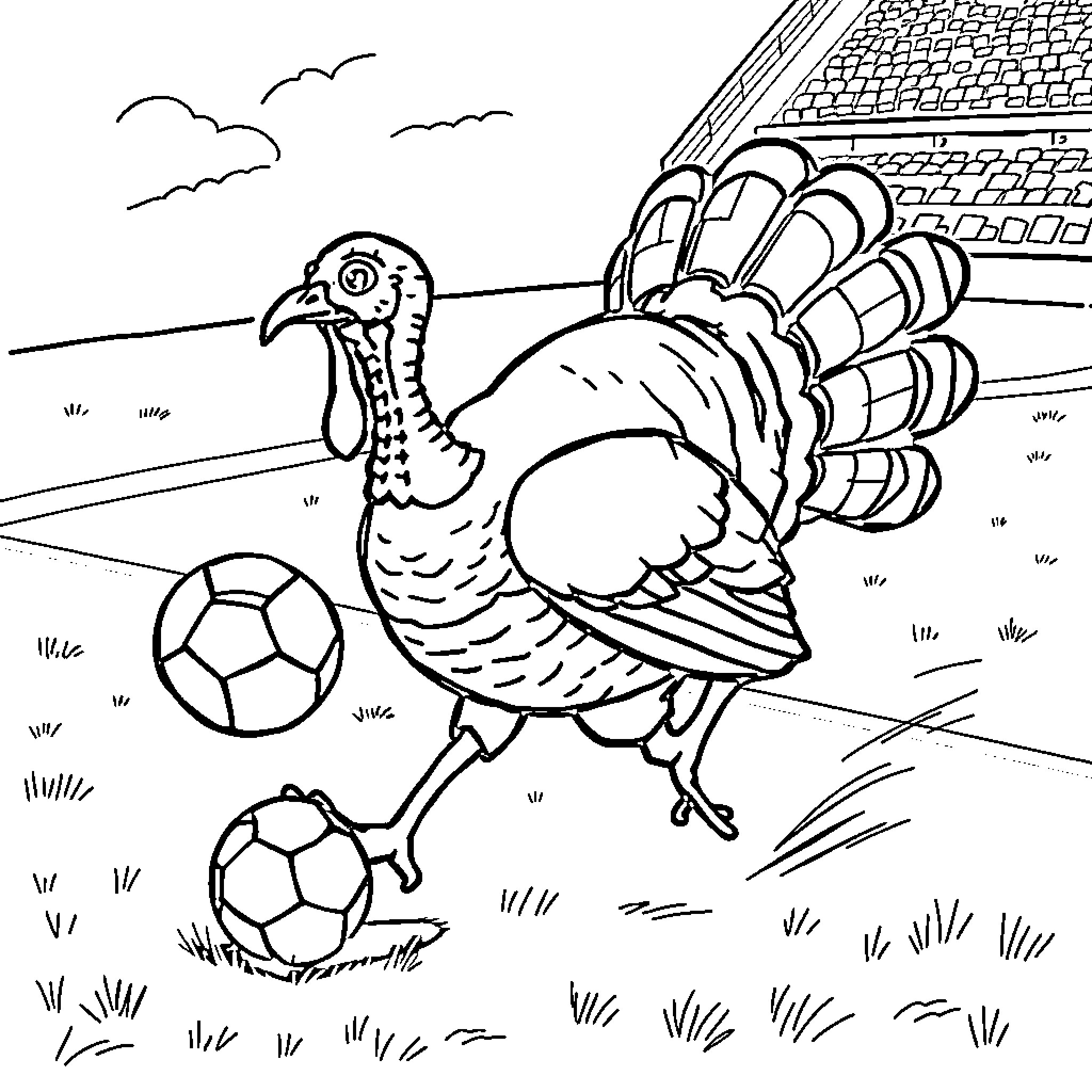 Turkey playing with soccer balls on the field Coloring Page (free black-and-white line drawing printable PDF for all, from beginners to advanced learners, including children, teens, adults, and seniors)