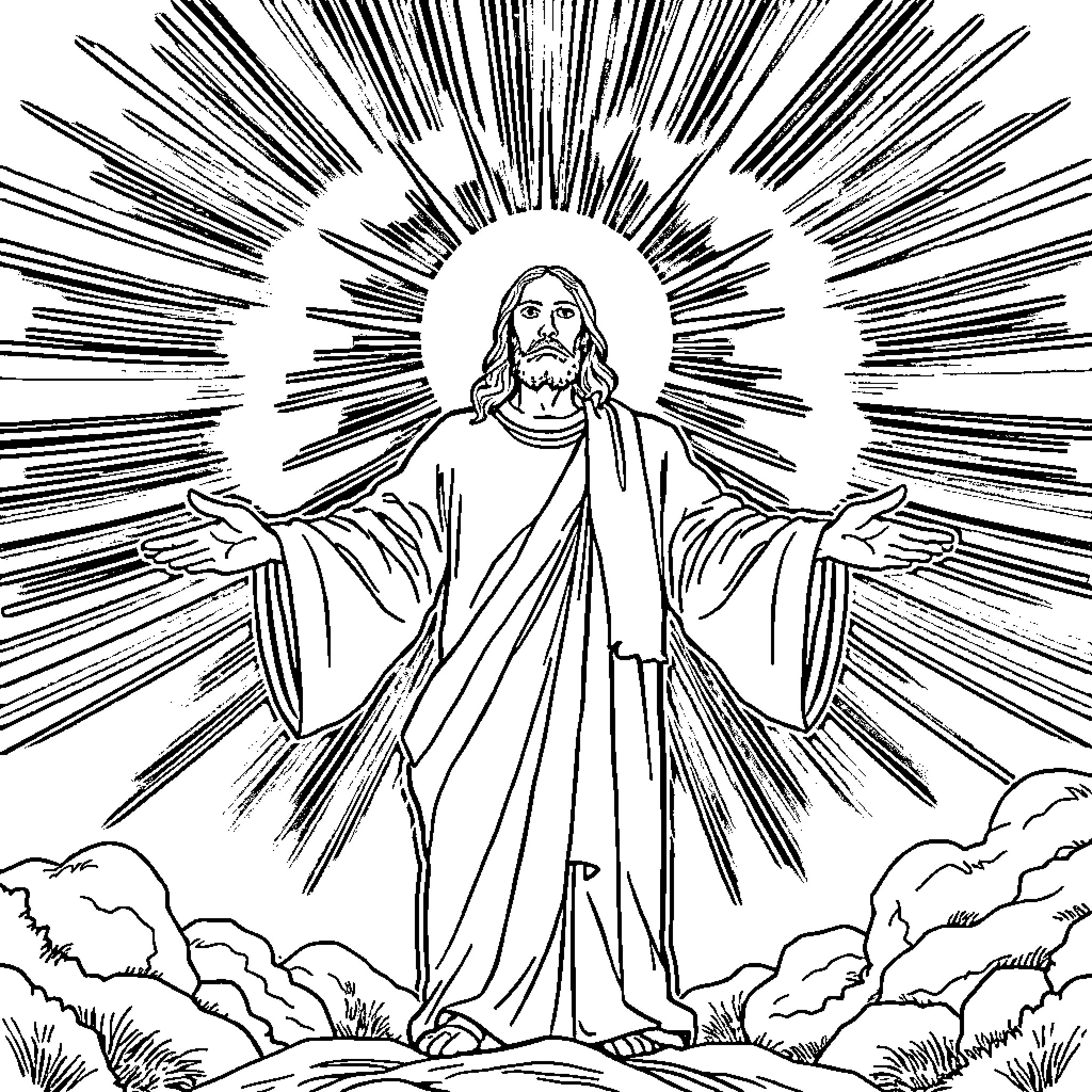 Jesus Christ depicted in a radiant divine splendor Coloring Page (free black-and-white line drawing printable PDF for all, from beginners to advanced learners, including children, teens, adults, and seniors)