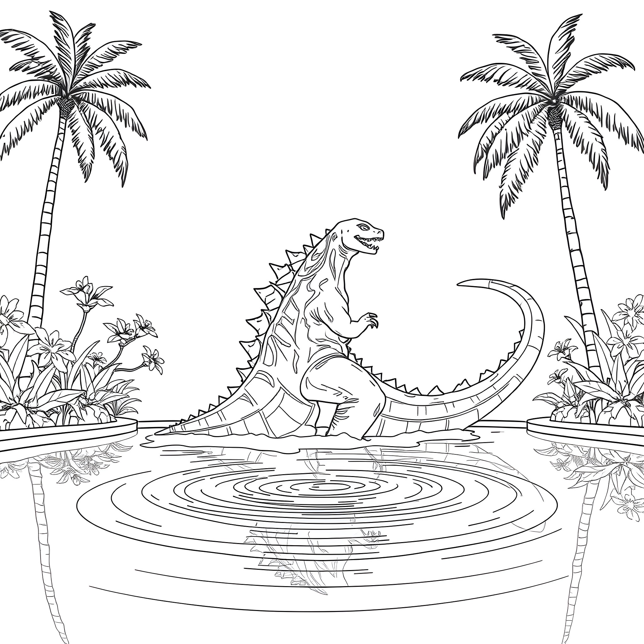 Godzilla stomping through the tropical paradise Coloring Page (free black-and-white line drawing printable PDF for all, from beginners to advanced learners, including children, teens, adults, and seniors)