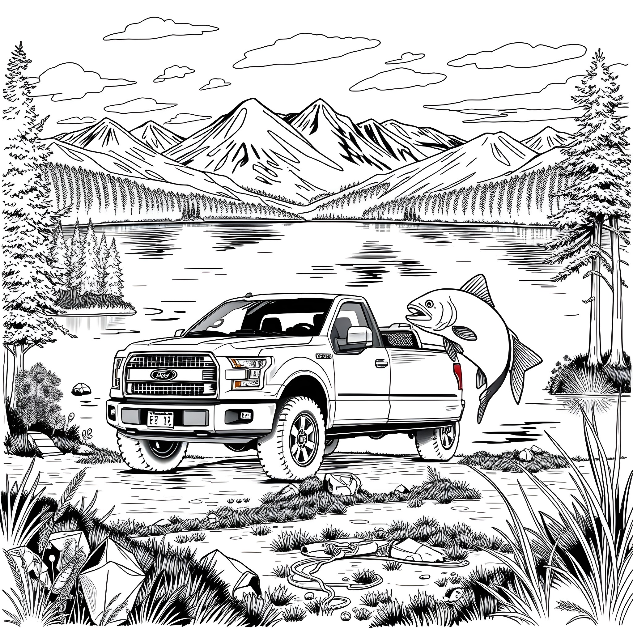 Ford Pickup Truck Fishing in the Mountains Coloring Page (free black-and-white line drawing printable PDF for all, from beginners to advanced learners, including children, teens, adults, and seniors)