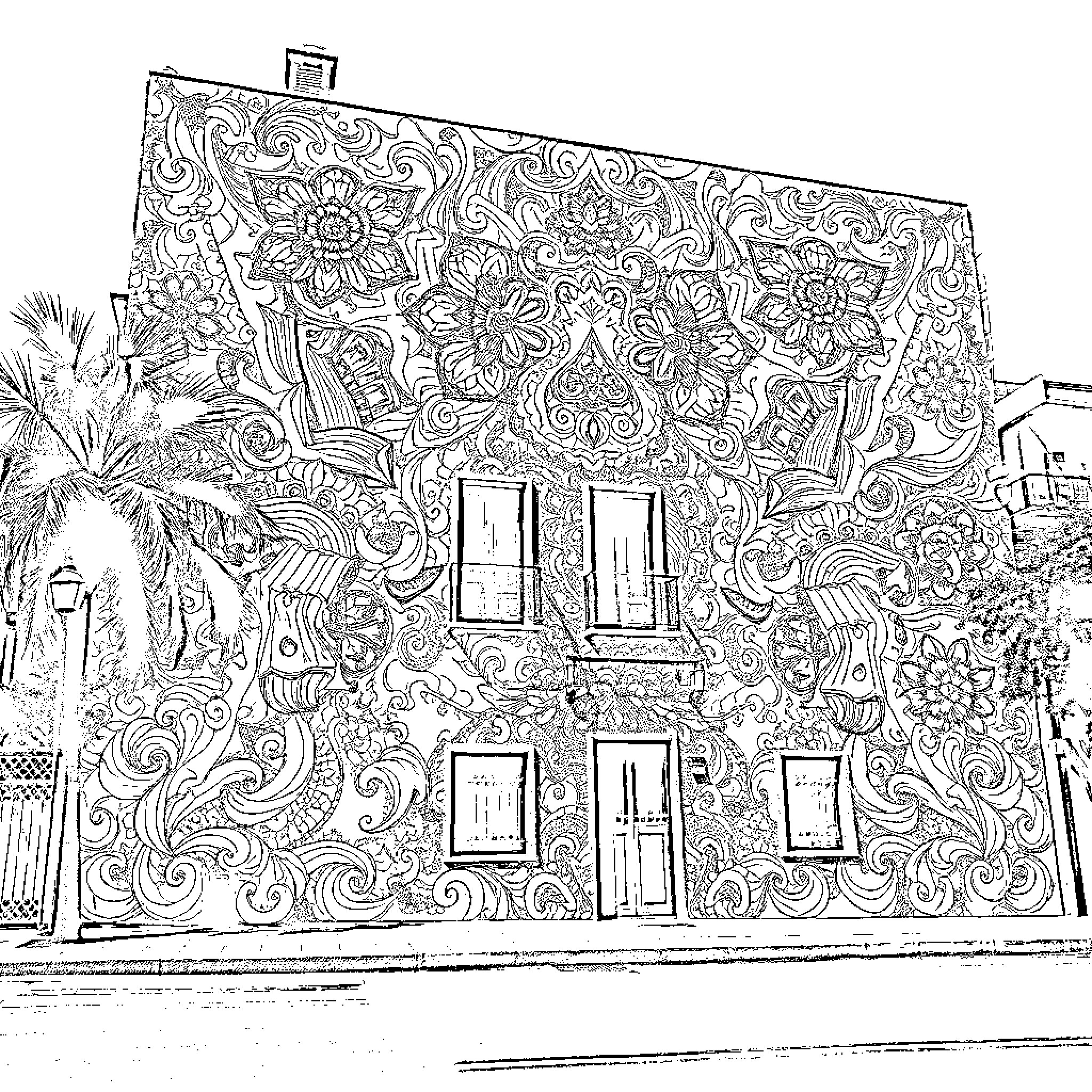 Gran Maja Exquisite Floral Mural on Building Facade Coloring Page (free black-and-white line drawing printable PDF for all, from beginners to advanced learners, including children, teens, adults, and seniors)