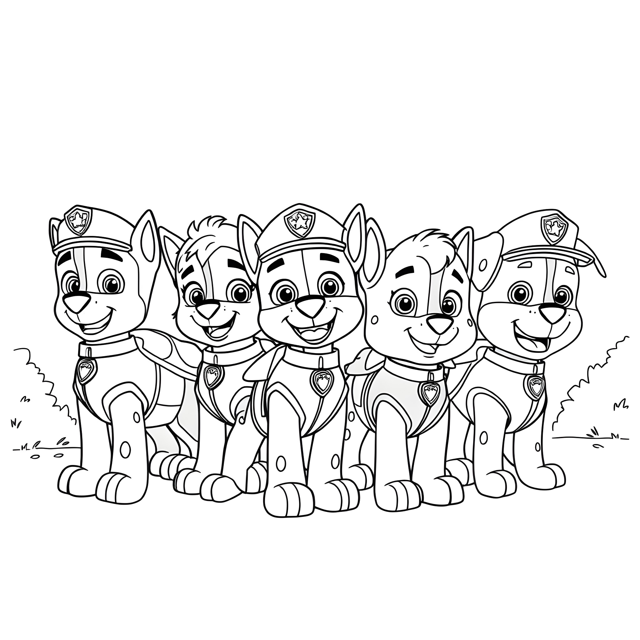 Paw Patrol pups in uniform enjoying outdoor adventure Coloring Page (free black-and-white line drawing printable PDF for all, from beginners to advanced learners, including children, teens, adults, and seniors)