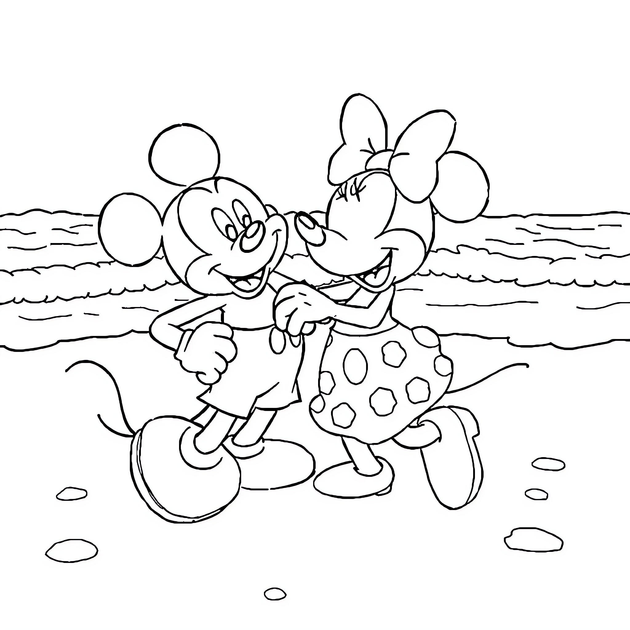 Mickey and Minnie's Romantic Beach Stroll Coloring Page (free black-and-white line drawing printable PDF for all, from beginners to advanced learners, including children, teens, adults, and seniors)