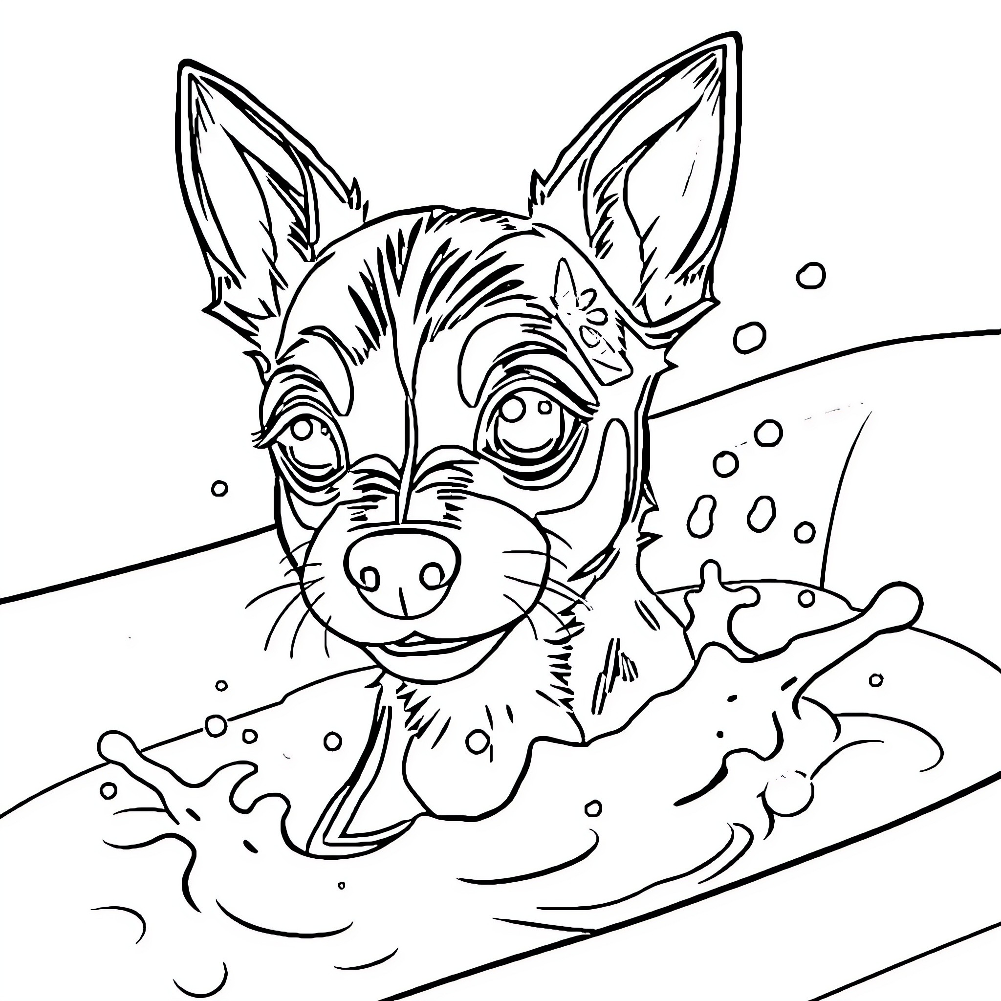 Min Pin Enjoying a Playful Bath Coloring Page (free black-and-white line drawing printable PDF for all, from beginners to advanced learners, including children, teens, adults, and seniors)