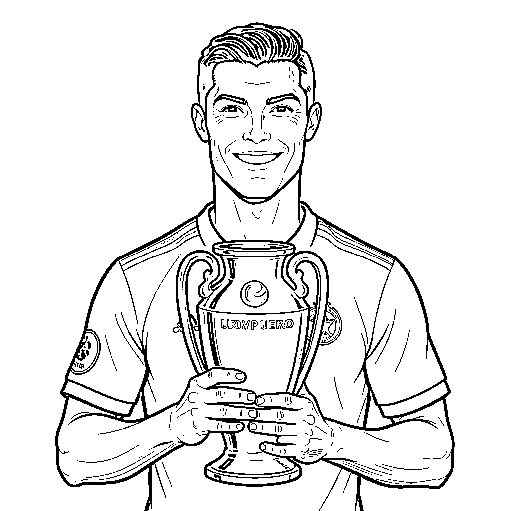 Cristiano Ronaldo smiling while holding a championship trophy Coloring Page (free black-and-white line drawing printable PDF for all, from beginners to advanced learners, including children, teens, adults, and seniors)