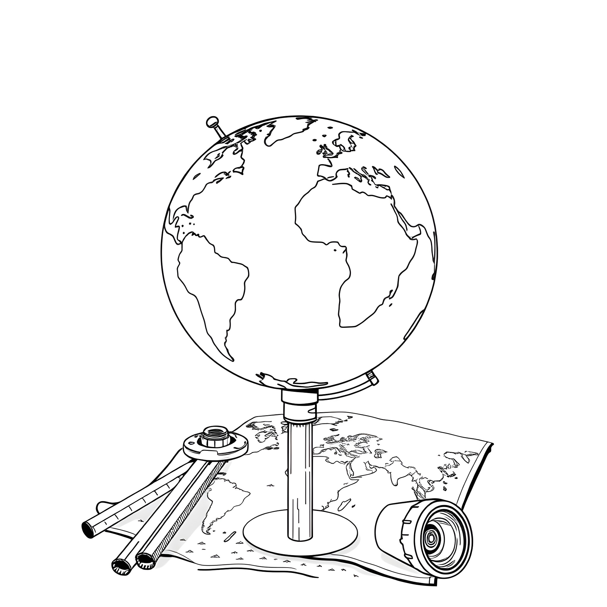 Globe with school supplies on the desk Coloring Page (free black-and-white line drawing printable PDF for all, from beginners to advanced learners, including children, teens, adults, and seniors)