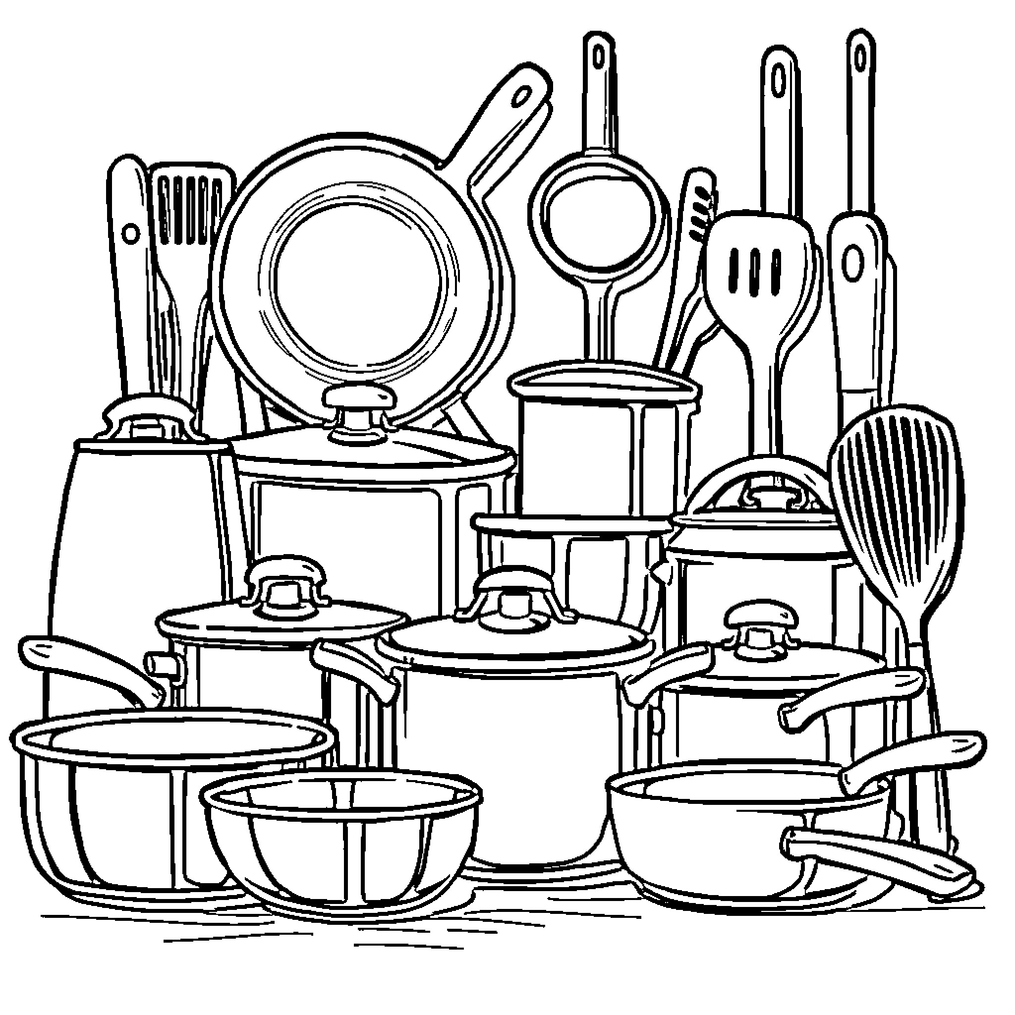 Kitchen Items in Busy Scene Coloring Page (free black-and-white line drawing printable PDF for all, from beginners to advanced learners, including children, teens, adults, and seniors)