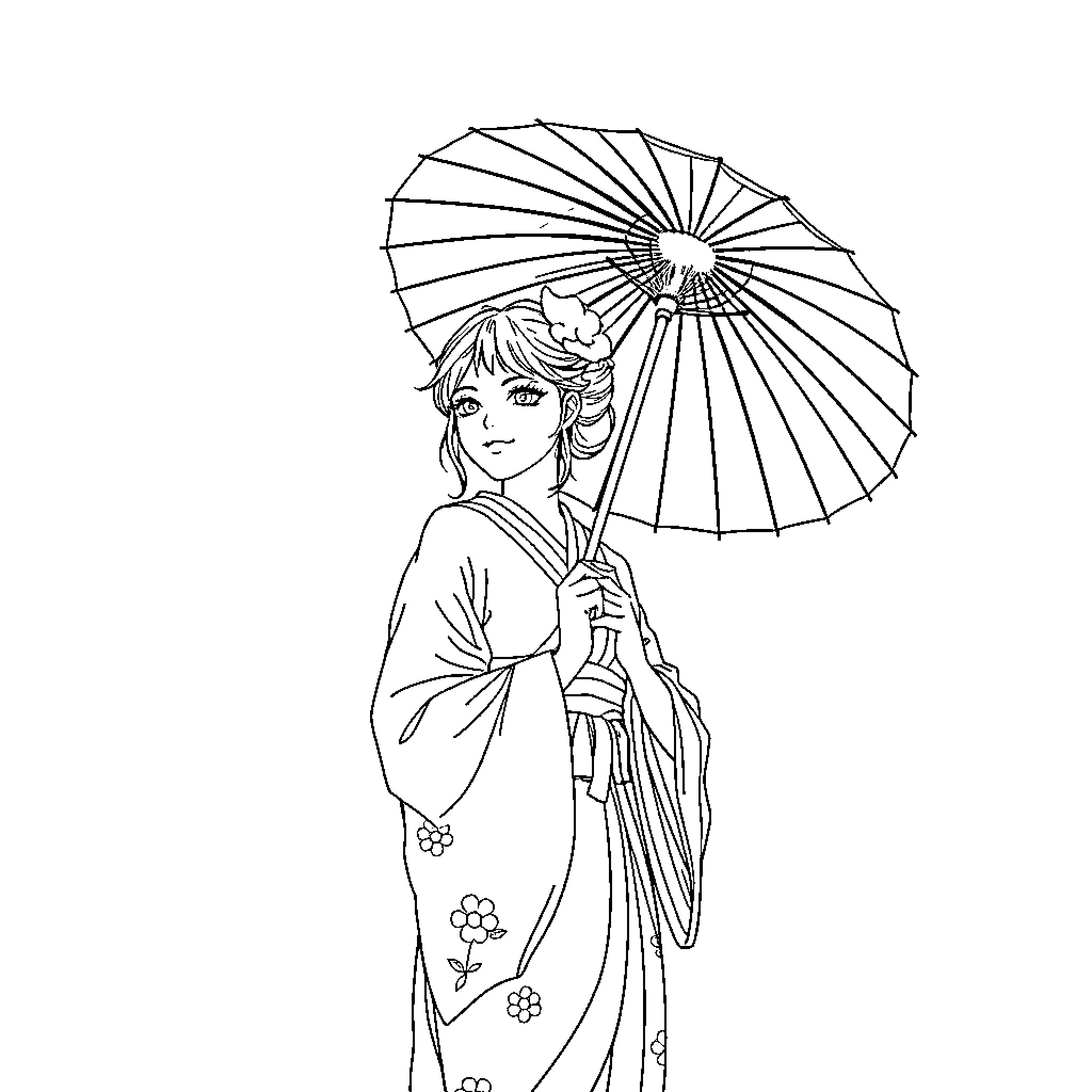Japanese Princess with Traditional Umbrella and Kimono Coloring Page (free black-and-white line drawing printable PDF for all, from beginners to advanced learners, including children, teens, adults, and seniors)