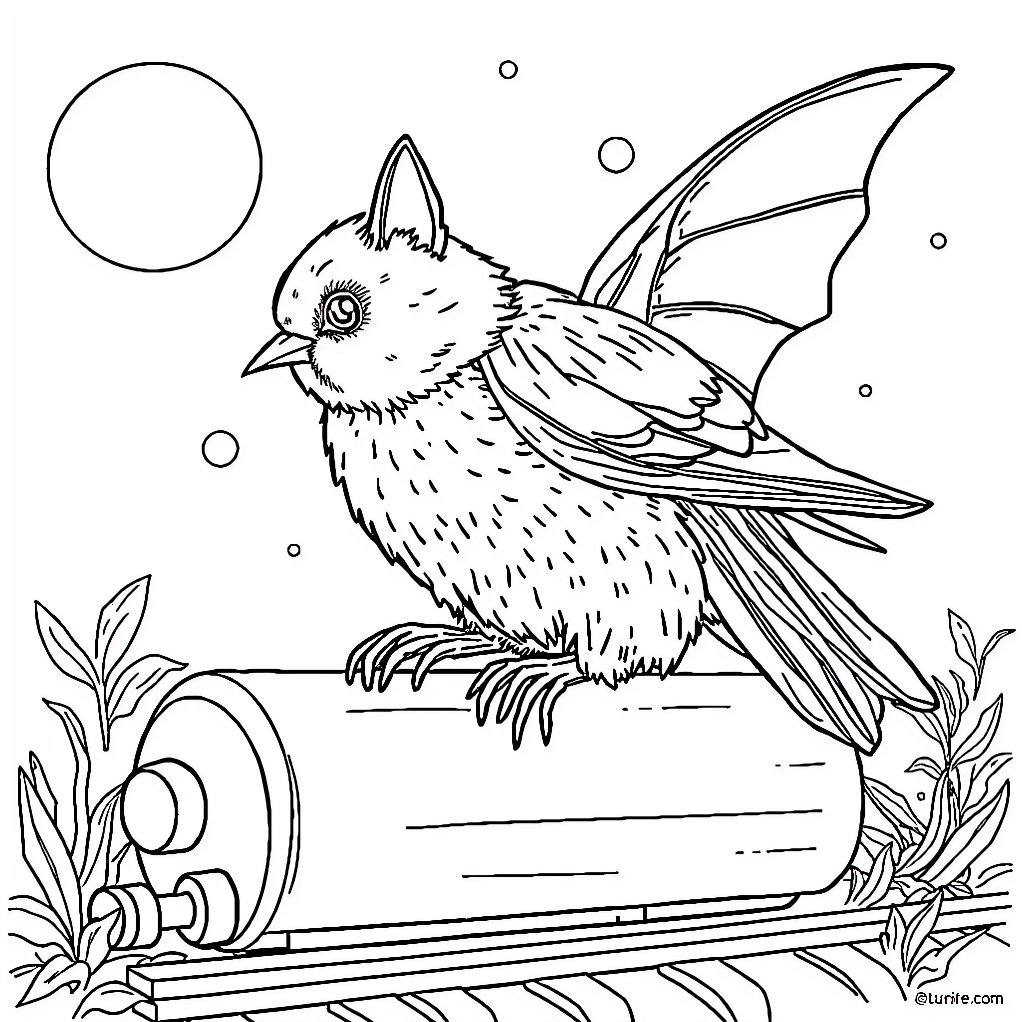 Bat-like bird perched on a log Coloring Page (free black-and-white line drawing printable PDF for all, from beginners to advanced learners, including children, teens, adults, and seniors)