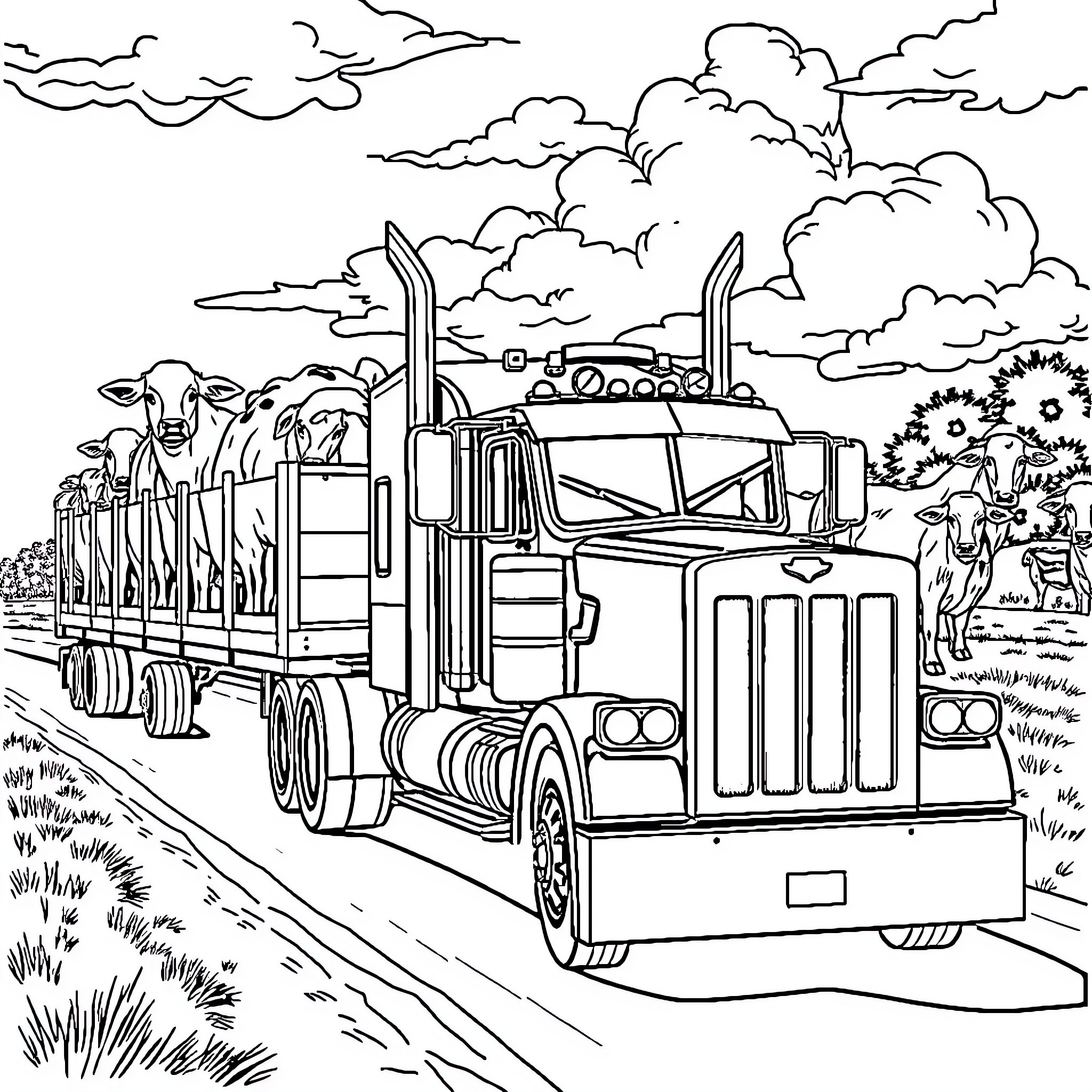 Peterbilt truck transporting livestock on a rural road Coloring Page (free black-and-white line drawing printable PDF for all, from beginners to advanced learners, including children, teens, adults, and seniors)