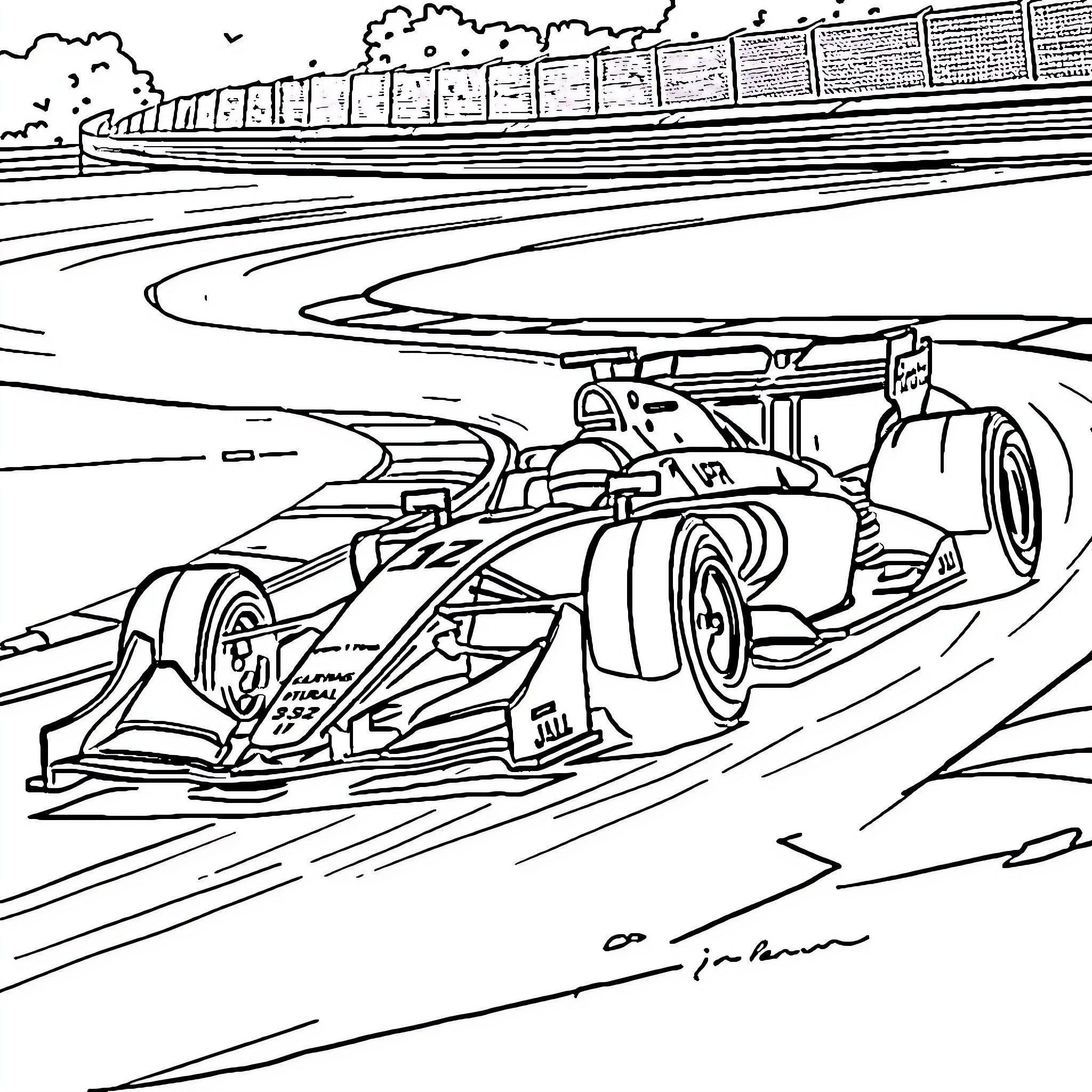Formula One Car Racing on the Track Coloring Page (free black-and-white line drawing printable PDF for all, from beginners to advanced learners, including children, teens, adults, and seniors)
