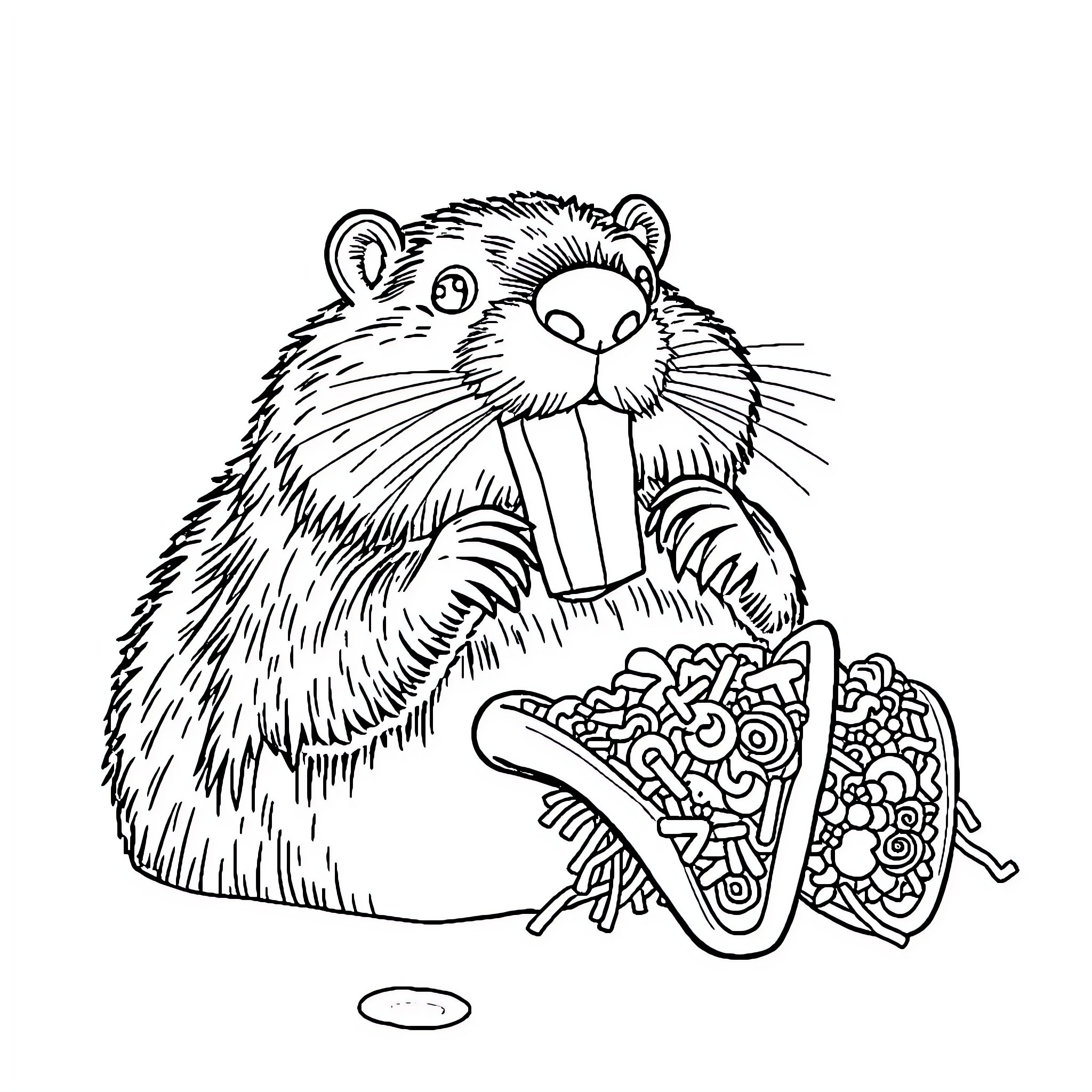 Beaver enjoying a tasty snack Coloring Page (free black-and-white line drawing printable PDF for all, from beginners to advanced learners, including children, teens, adults, and seniors)