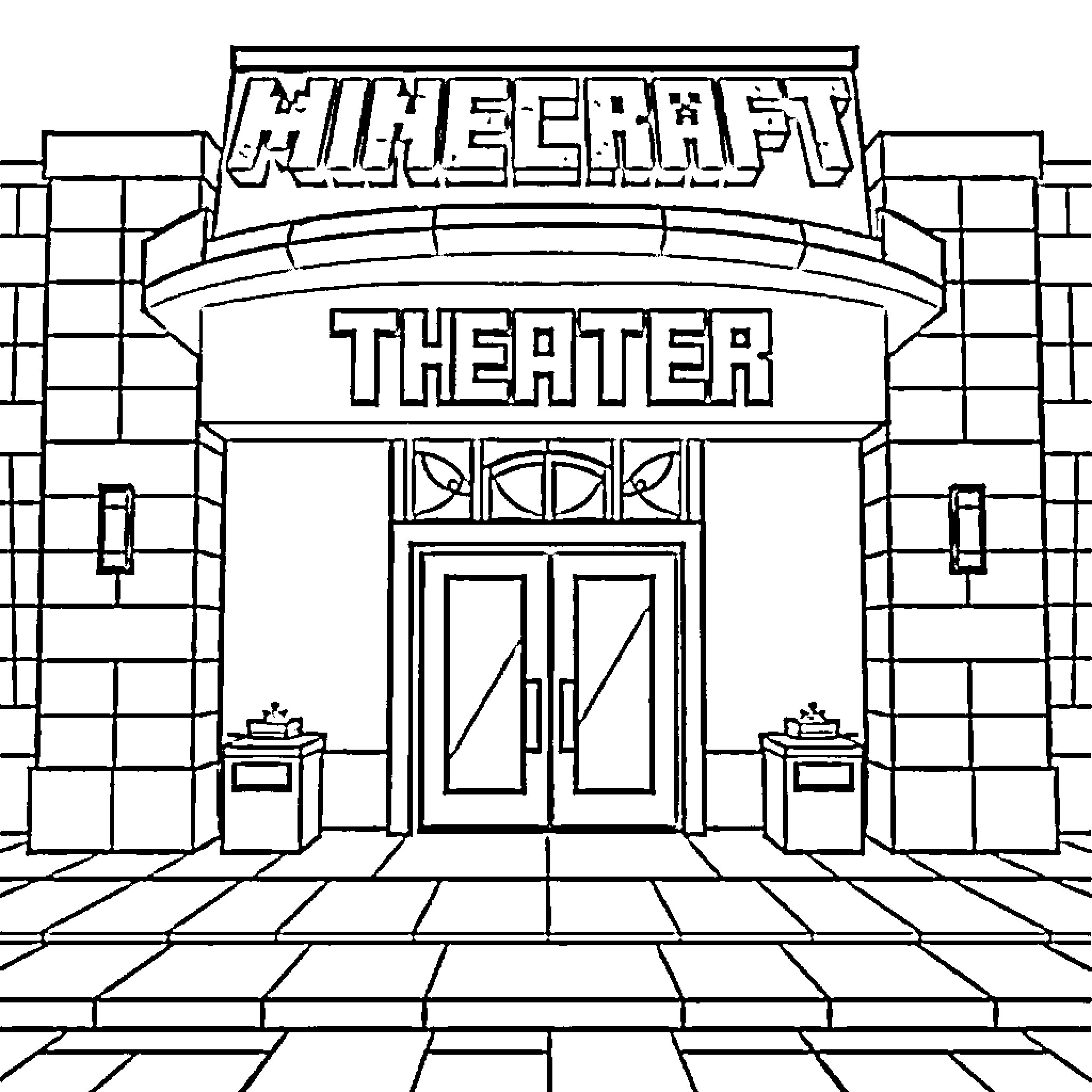 Movie Theater Entrance with Marquee Coloring Page (free black-and-white line drawing printable PDF for all, from beginners to advanced learners, including children, teens, adults, and seniors)