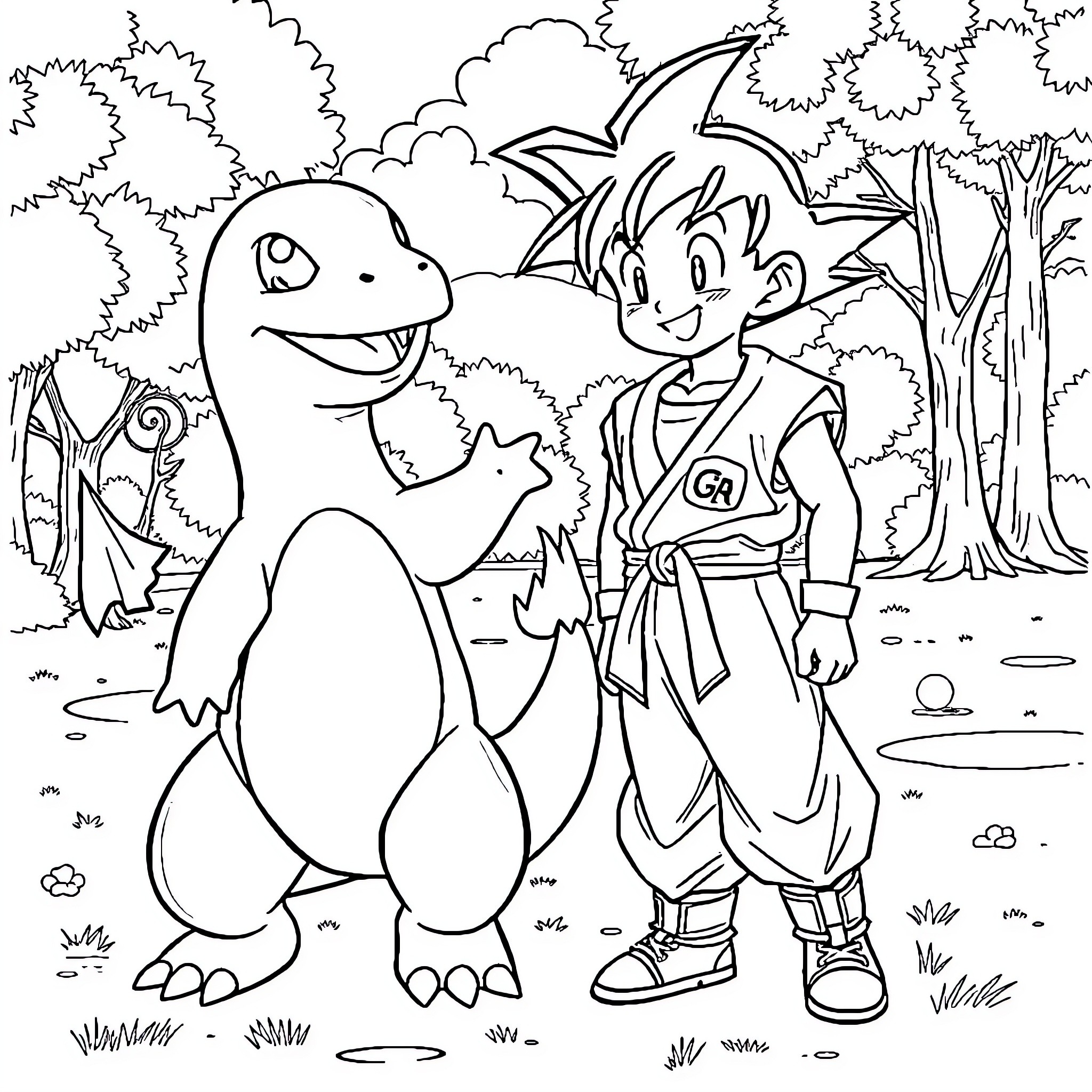 Charmander and a young adventurer exploring the forest Coloring Page (free black-and-white line drawing printable PDF for all, from beginners to advanced learners, including children, teens, adults, and seniors)