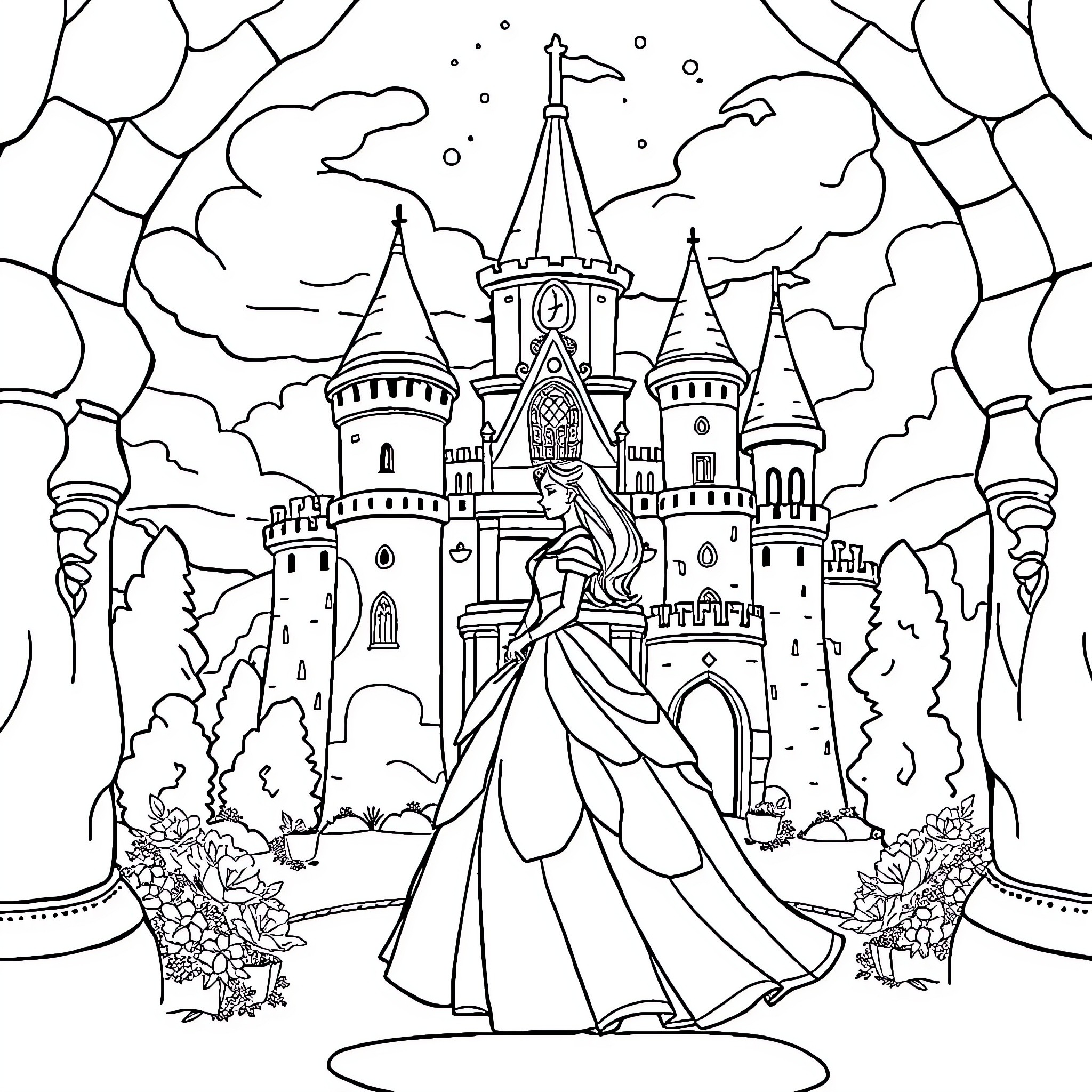 Princess in a Majestic Castle Courtyard Coloring Page (free black-and-white line drawing printable PDF for all, from beginners to advanced learners, including children, teens, adults, and seniors)