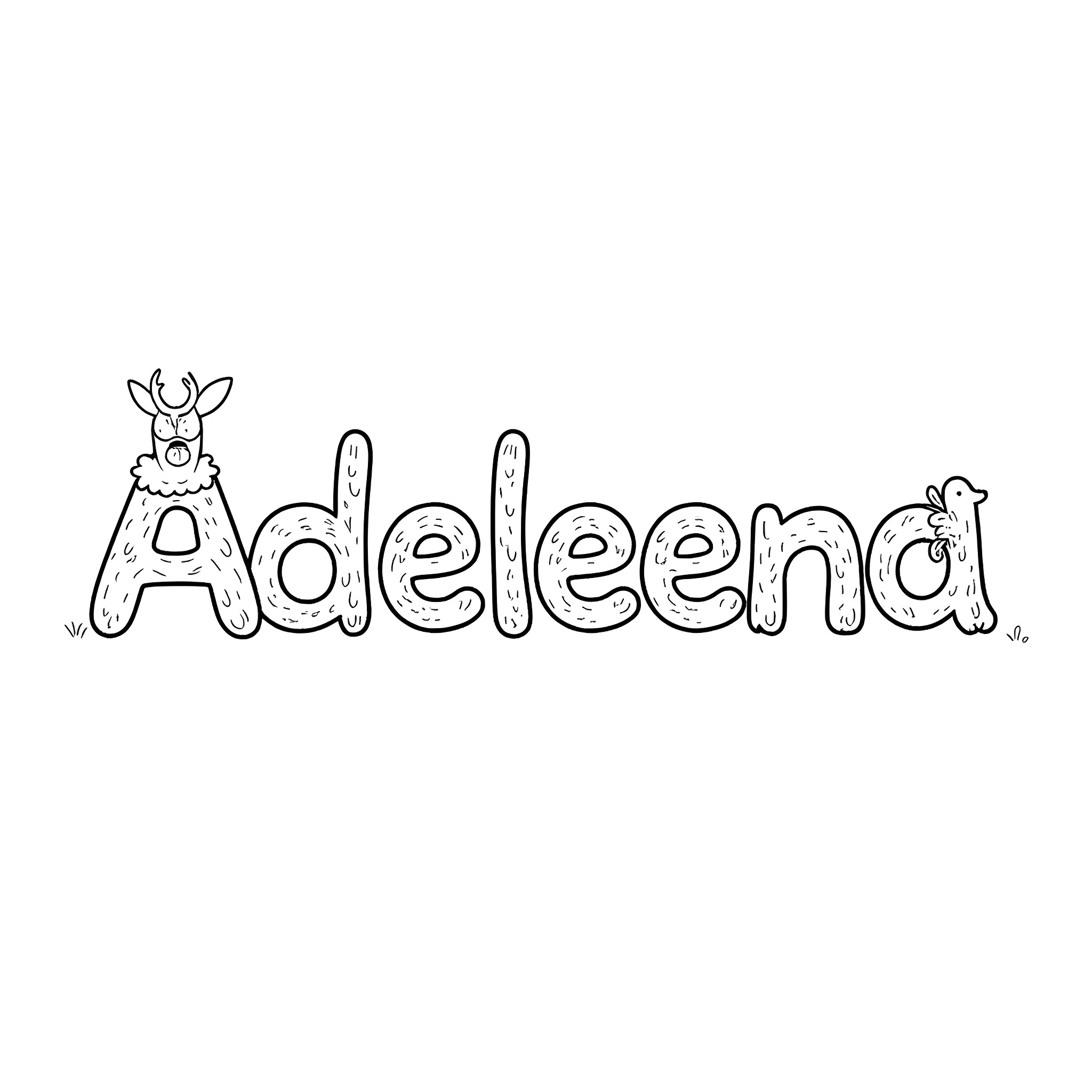 Adeleena's Stylized Name Design Coloring Page (free black-and-white line drawing printable PDF for all, from beginners to advanced learners, including children, teens, adults, and seniors)