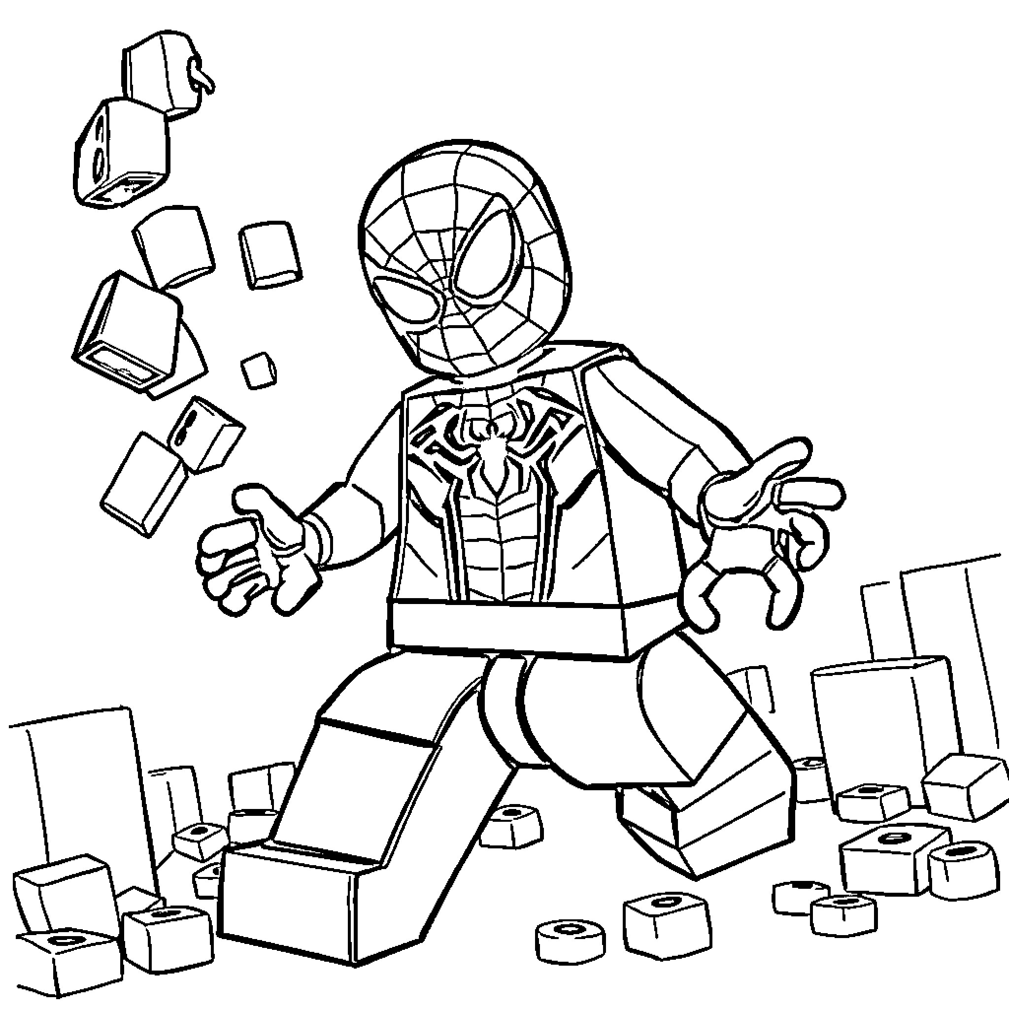 Spiderman assembling his Lego toys Coloring Page (free black-and-white line drawing printable PDF for all, from beginners to advanced learners, including children, teens, adults, and seniors)