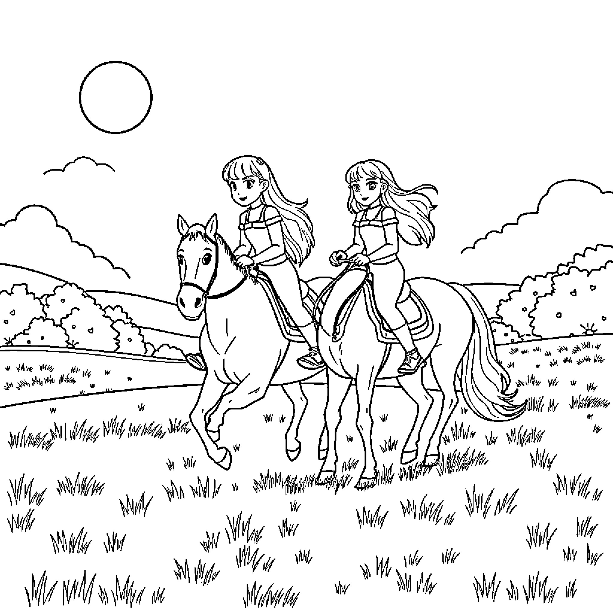 Horse Riding Adventure in the Countryside Coloring Page (free black-and-white line drawing printable PDF for all, from beginners to advanced learners, including children, teens, adults, and seniors)