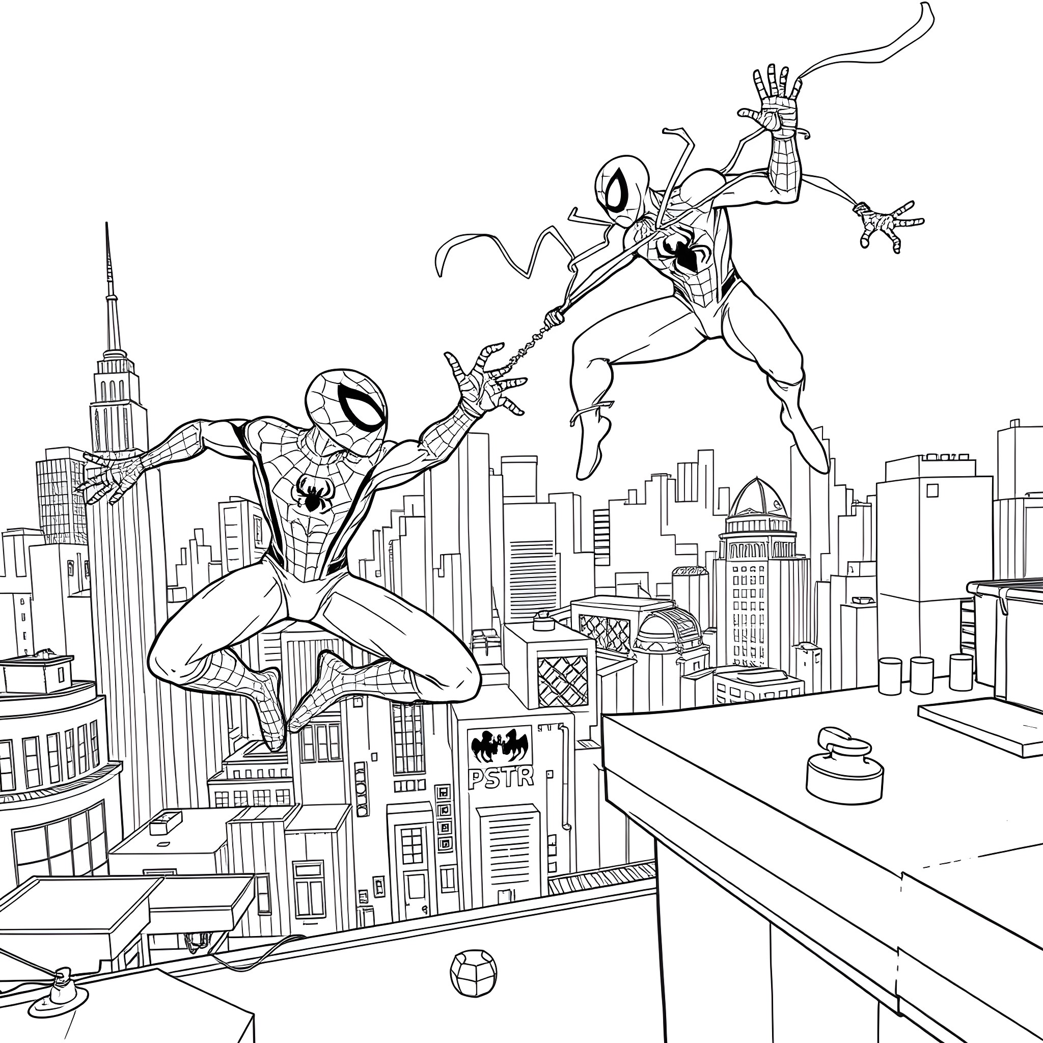 Spiderman heroically swinging over the city skyline Coloring Page (free black-and-white line drawing printable PDF for all, from beginners to advanced learners, including children, teens, adults, and seniors)
