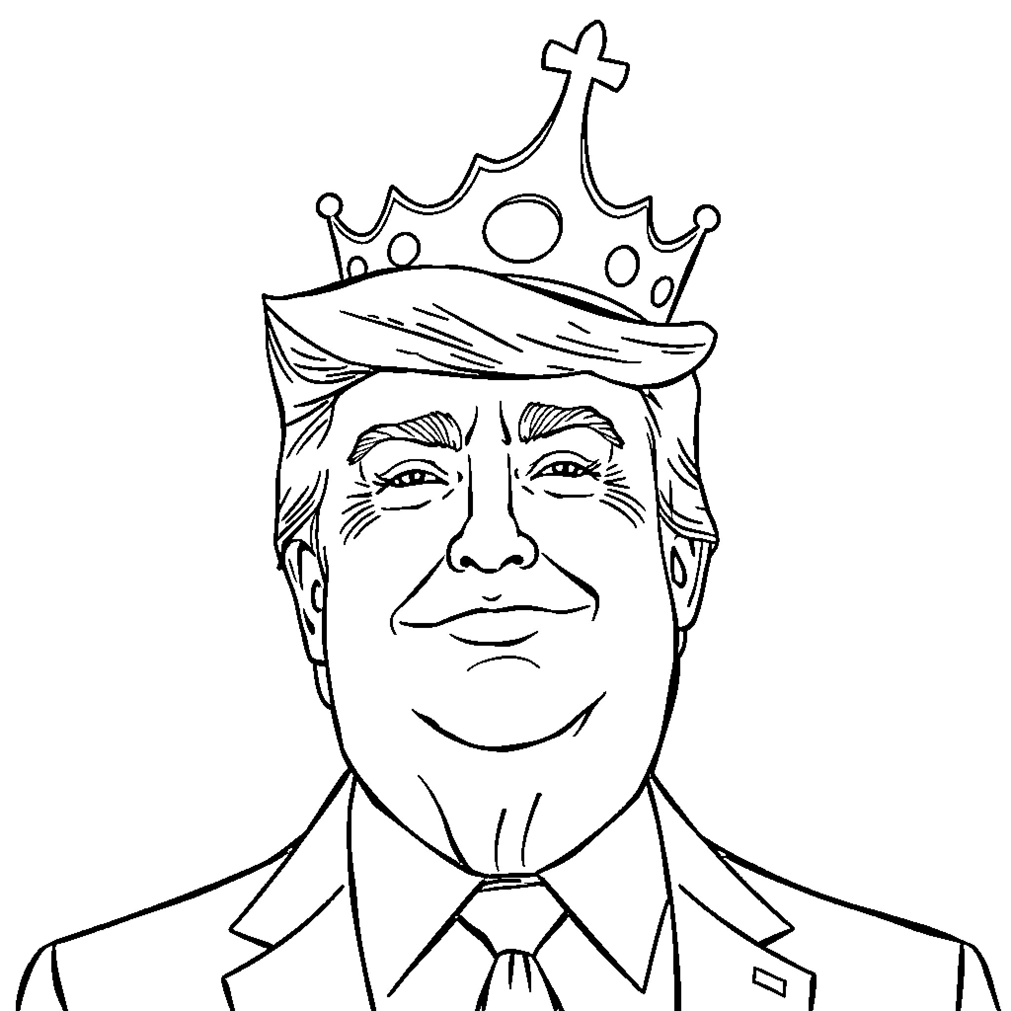 Donald Trump wearing a crown and smiling Coloring Page (free black-and-white line drawing printable PDF for all, from beginners to advanced learners, including children, teens, adults, and seniors)