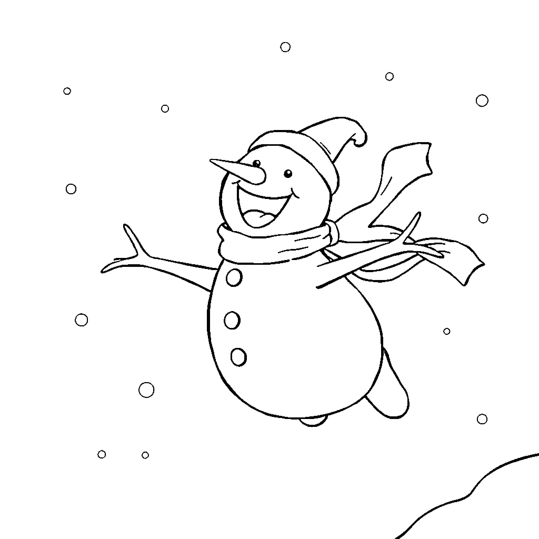 Snowman enjoying the winter scenery Coloring Page (free black-and-white line drawing printable PDF for all, from beginners to advanced learners, including children, teens, adults, and seniors)