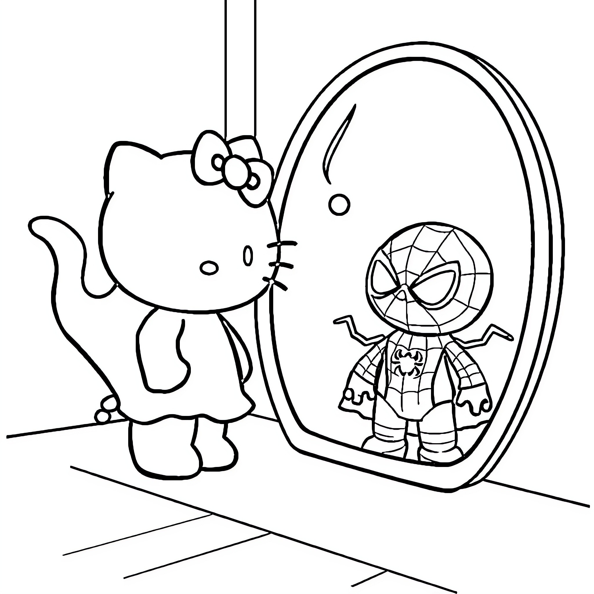 Hello Kitty meets Spider-Man in a fun mirror Coloring Page (free black-and-white line drawing printable PDF for all, from beginners to advanced learners, including children, teens, adults, and seniors)
