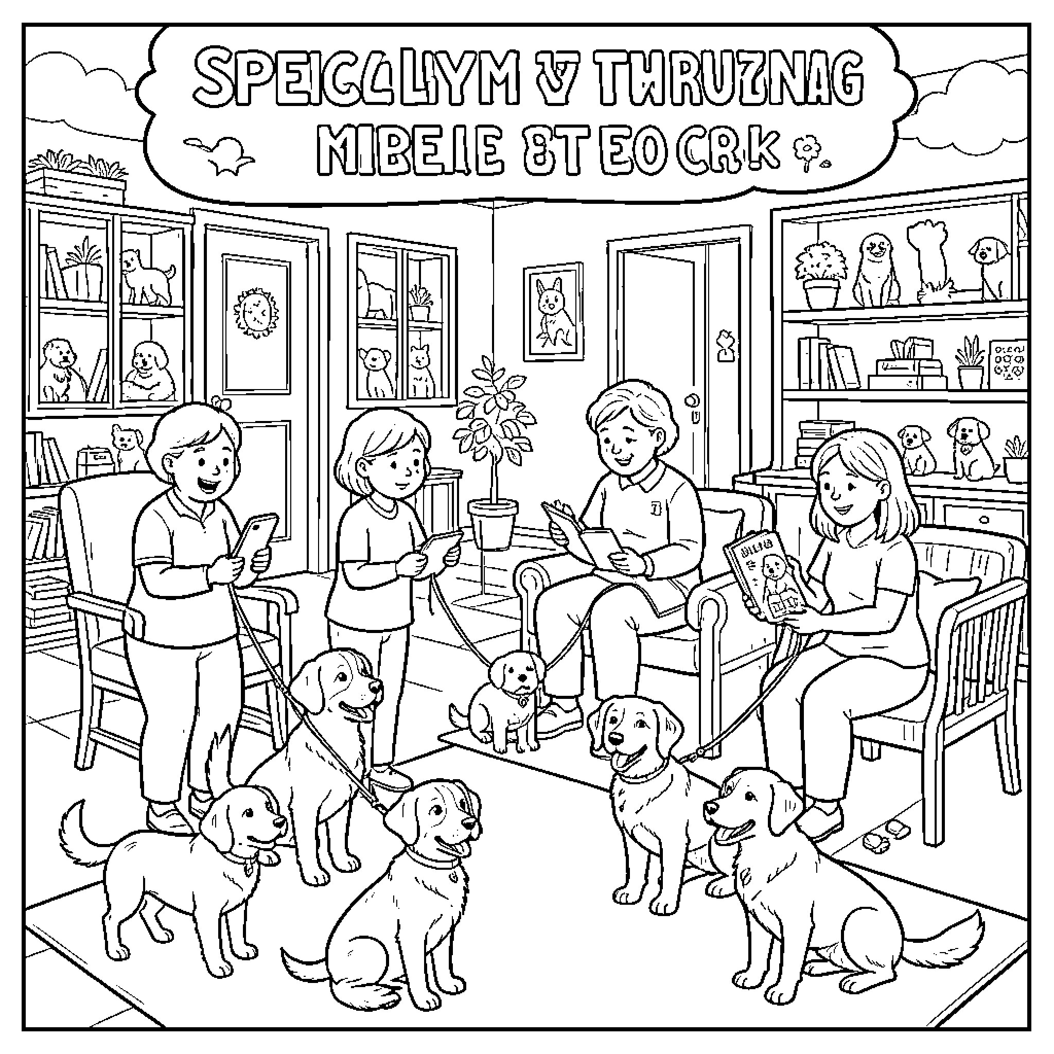 Dog group surrounding children sitting in a living room Coloring Page (free black-and-white line drawing printable PDF for all, from beginners to advanced learners, including children, teens, adults, and seniors)