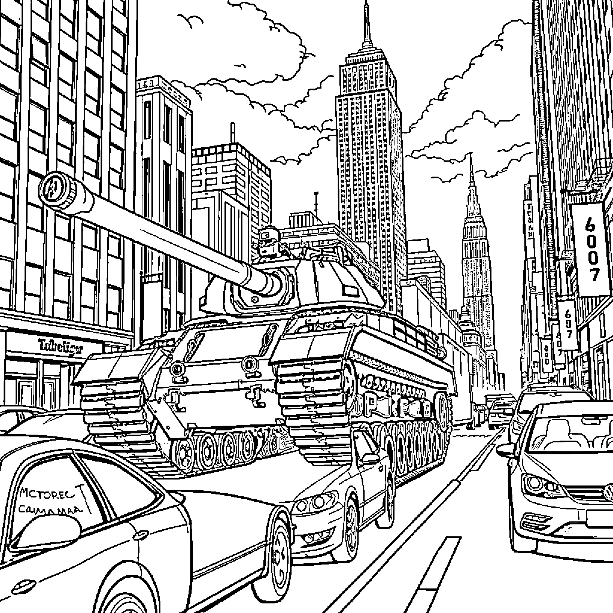 Tiger Tank Conquering the City Streets Coloring Page (free black-and-white line drawing printable PDF for all, from beginners to advanced learners, including children, teens, adults, and seniors)
