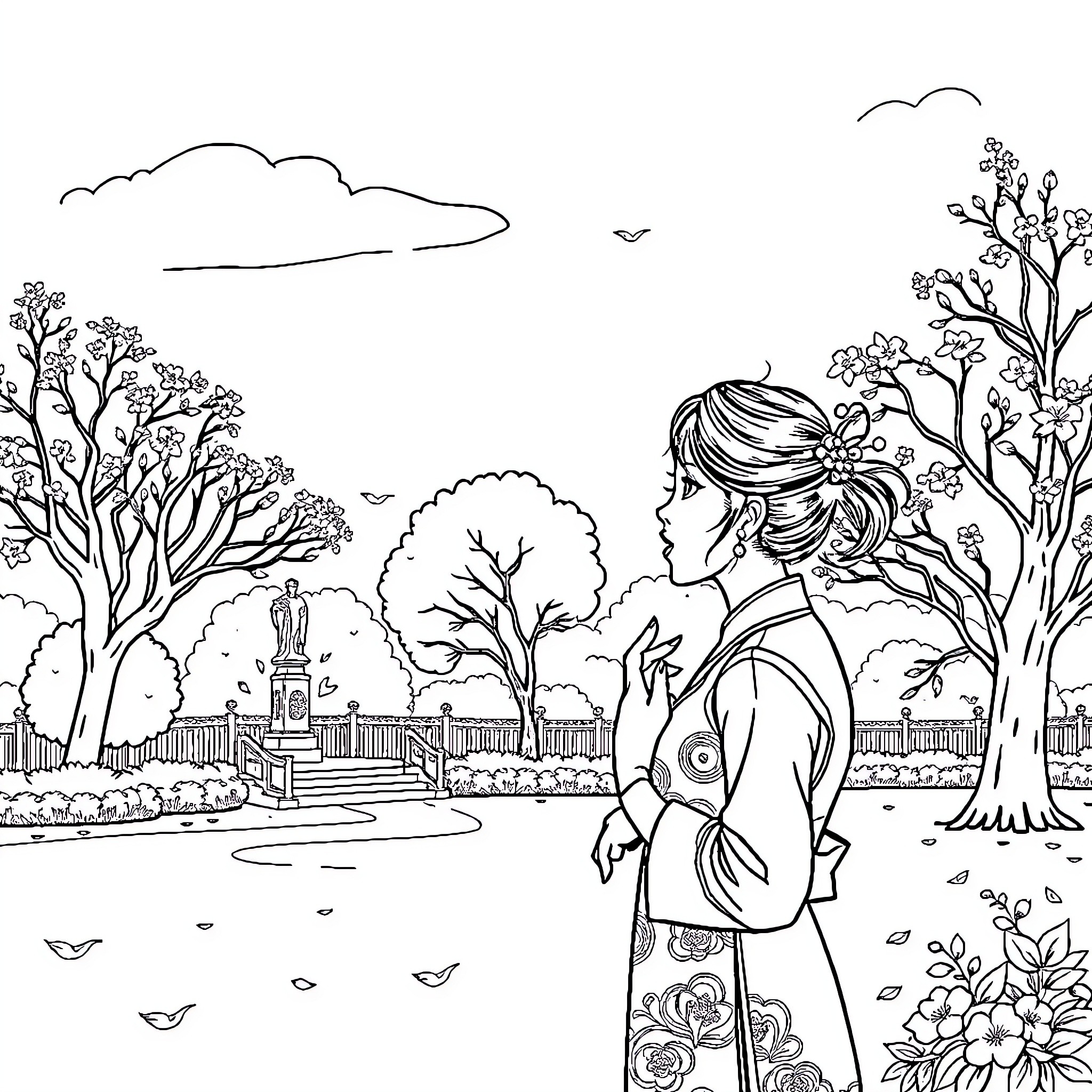 Lady taking in the serene park scenery Coloring Page (free black-and-white line drawing printable PDF for all, from beginners to advanced learners, including children, teens, adults, and seniors)