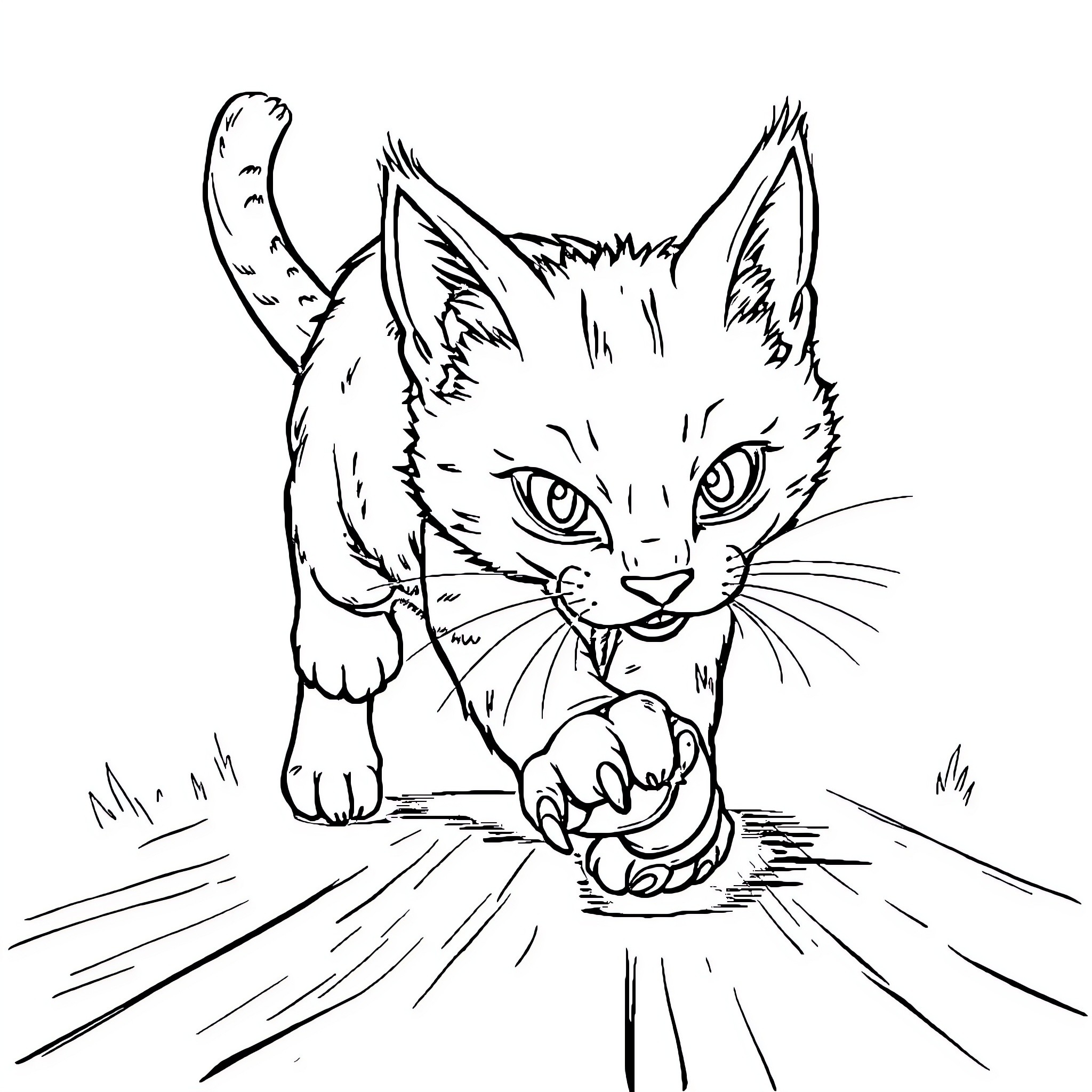 Cat pouncing playfully on the ground Coloring Page (free black-and-white line drawing printable PDF for all, from beginners to advanced learners, including children, teens, adults, and seniors)