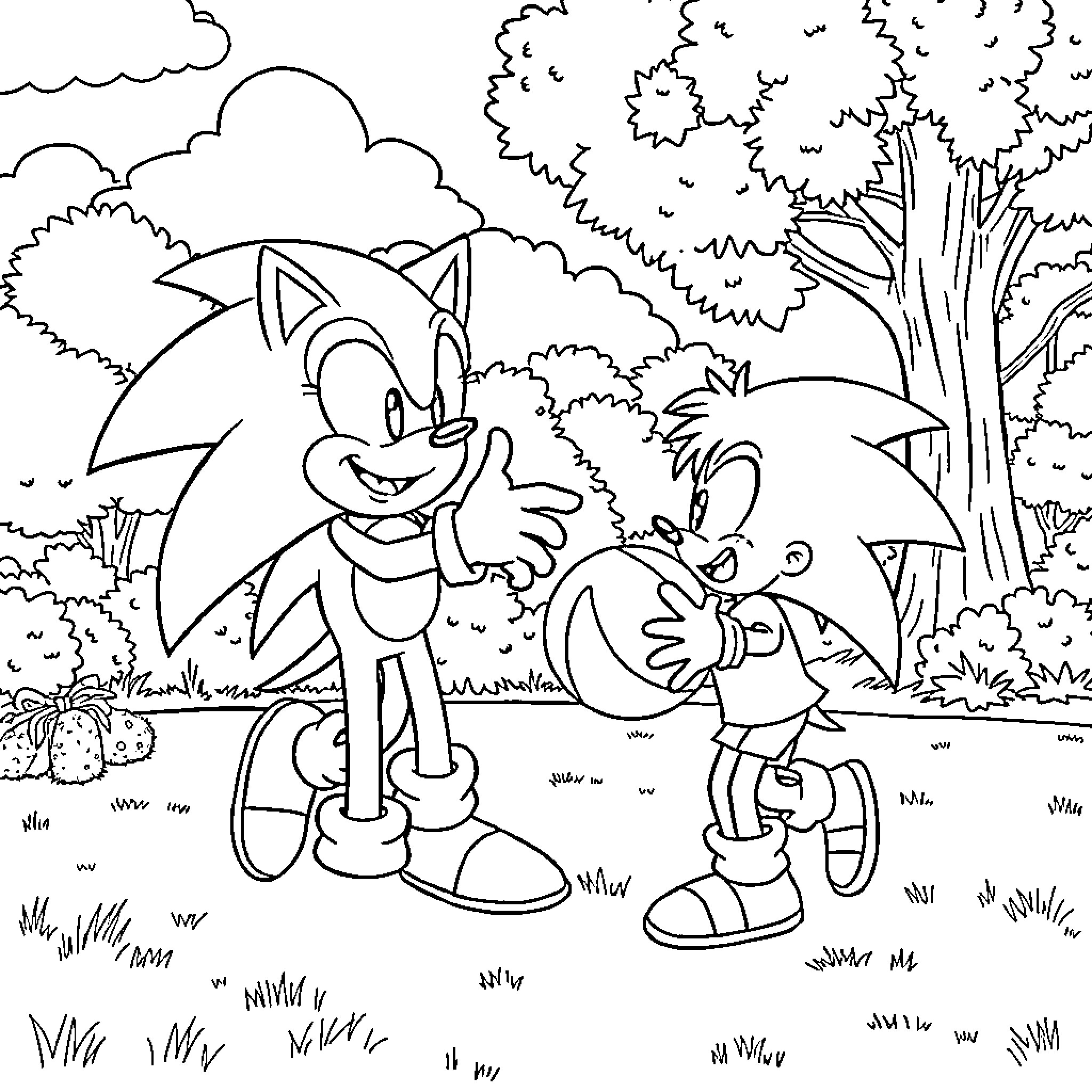 Sonic characters exploring the outdoors Coloring Page (free black-and-white line drawing printable PDF for all, from beginners to advanced learners, including children, teens, adults, and seniors)