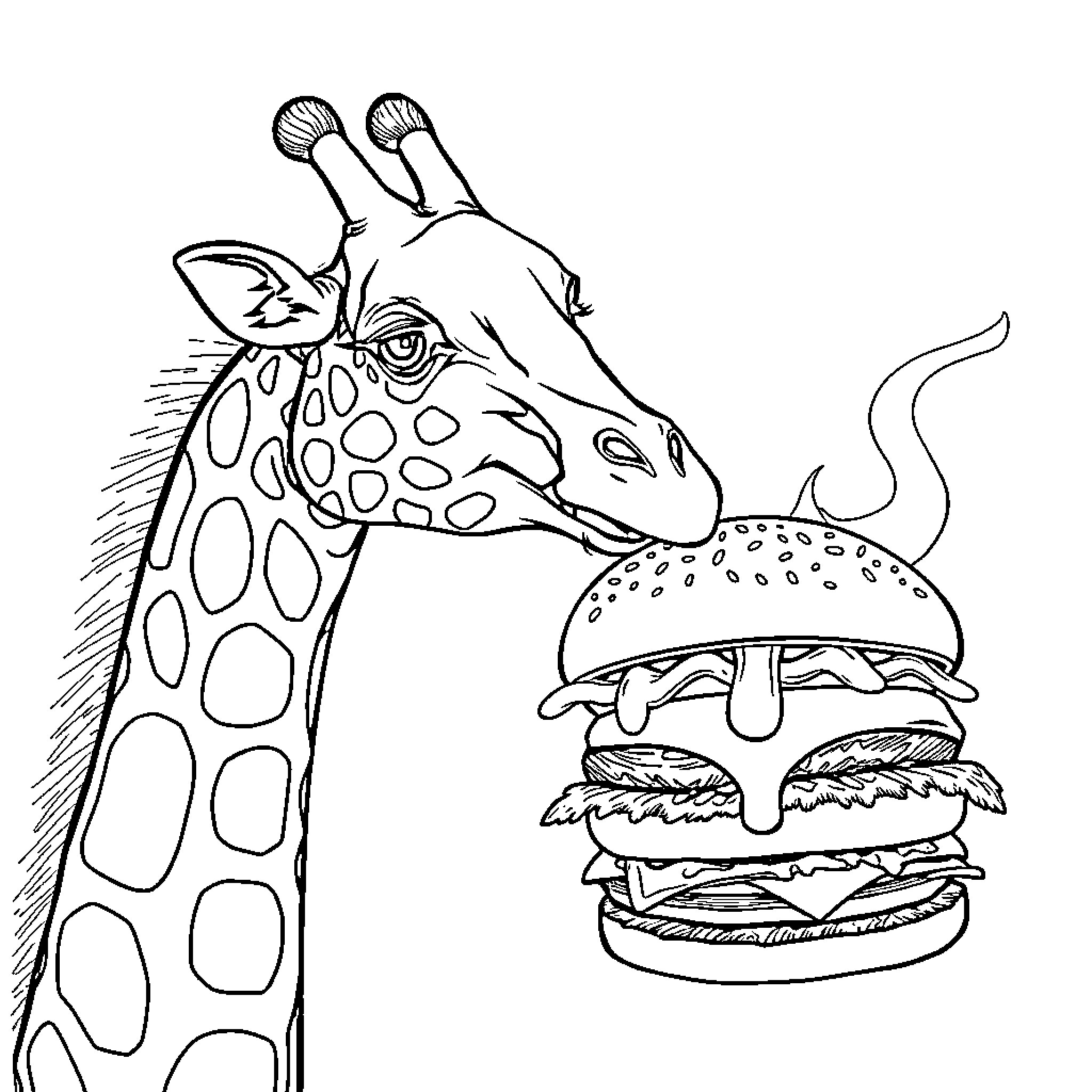 Giraffe curiously examining a giant burger Coloring Page (free black-and-white line drawing printable PDF for all, from beginners to advanced learners, including children, teens, adults, and seniors)