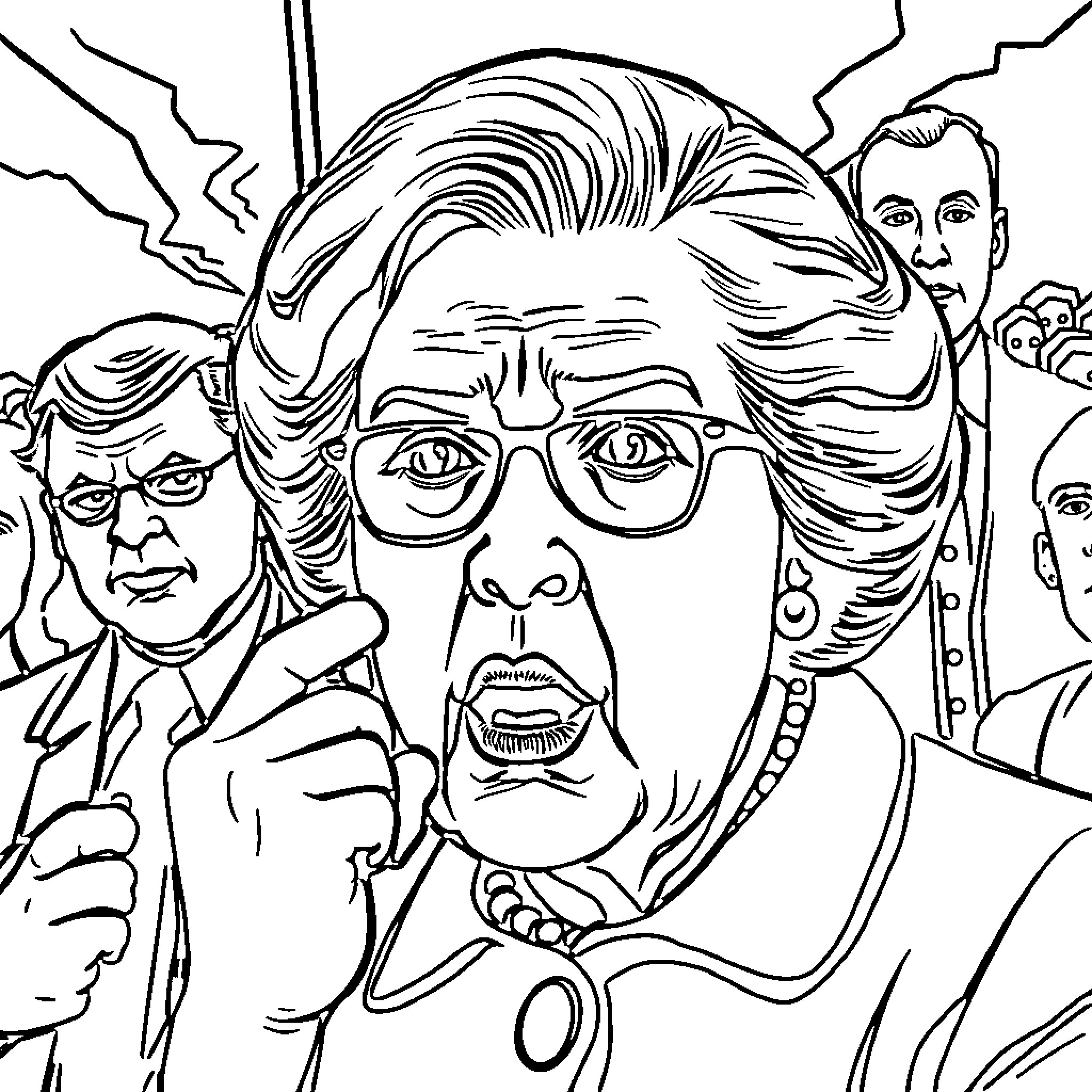 Margaret Thatcher Addressing a Crowd of Supporters Coloring Page (free black-and-white line drawing printable PDF for all, from beginners to advanced learners, including children, teens, adults, and seniors)