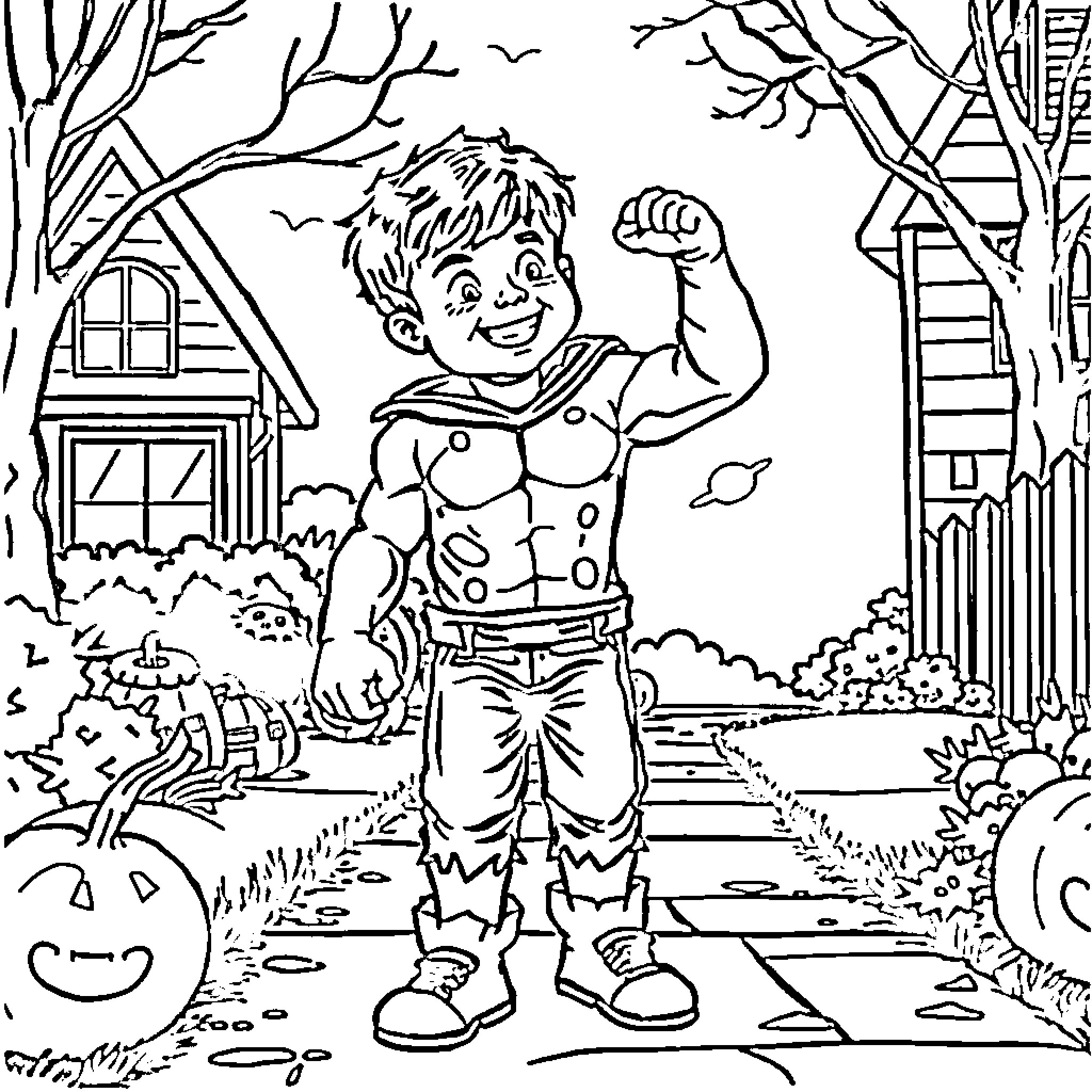 Boy flexing muscles outdoors in autumn scenery Coloring Page (free black-and-white line drawing printable PDF for all, from beginners to advanced learners, including children, teens, adults, and seniors)