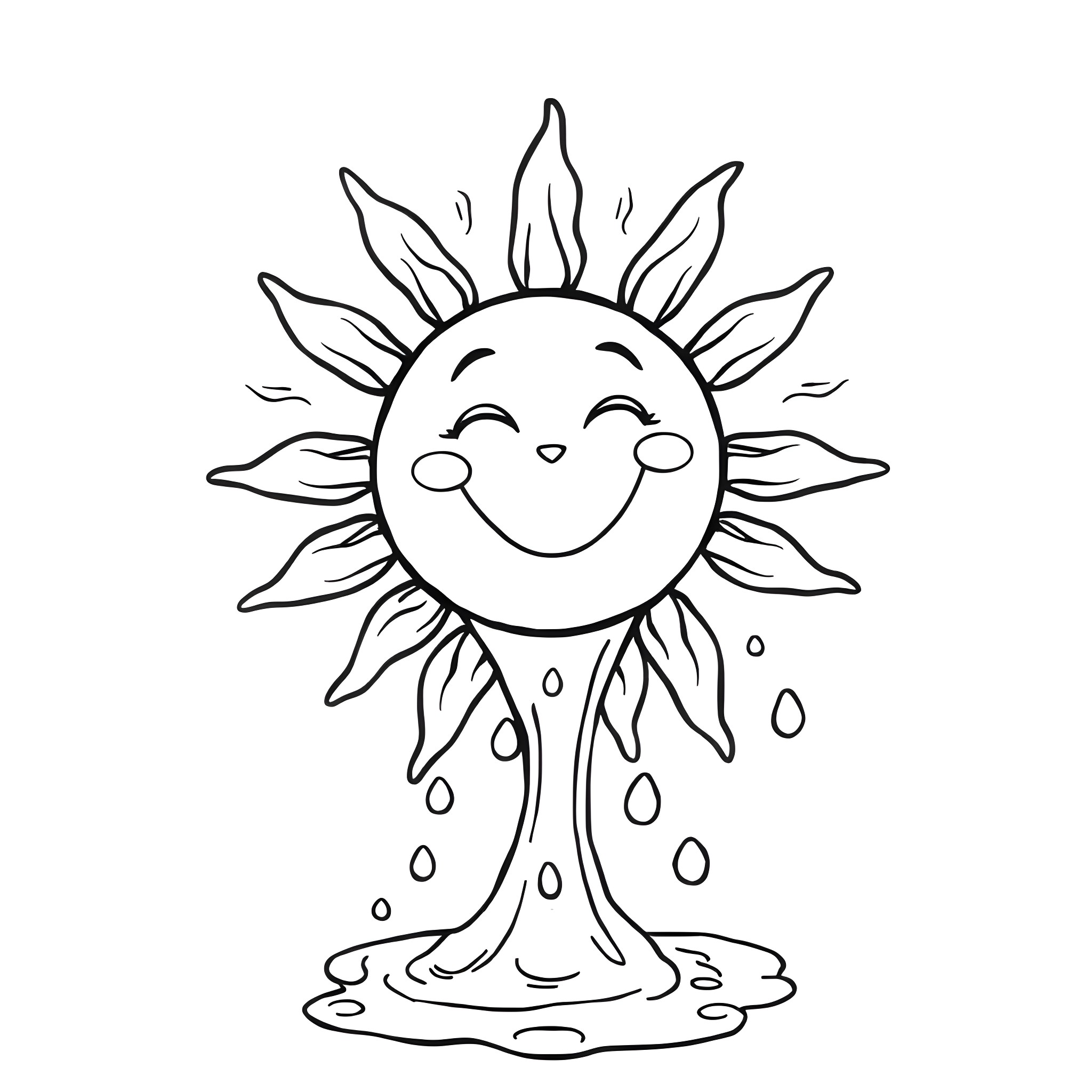 Sun Smiling and Dripping Water Coloring Page (free black-and-white line drawing printable PDF for all, from beginners to advanced learners, including children, teens, adults, and seniors)