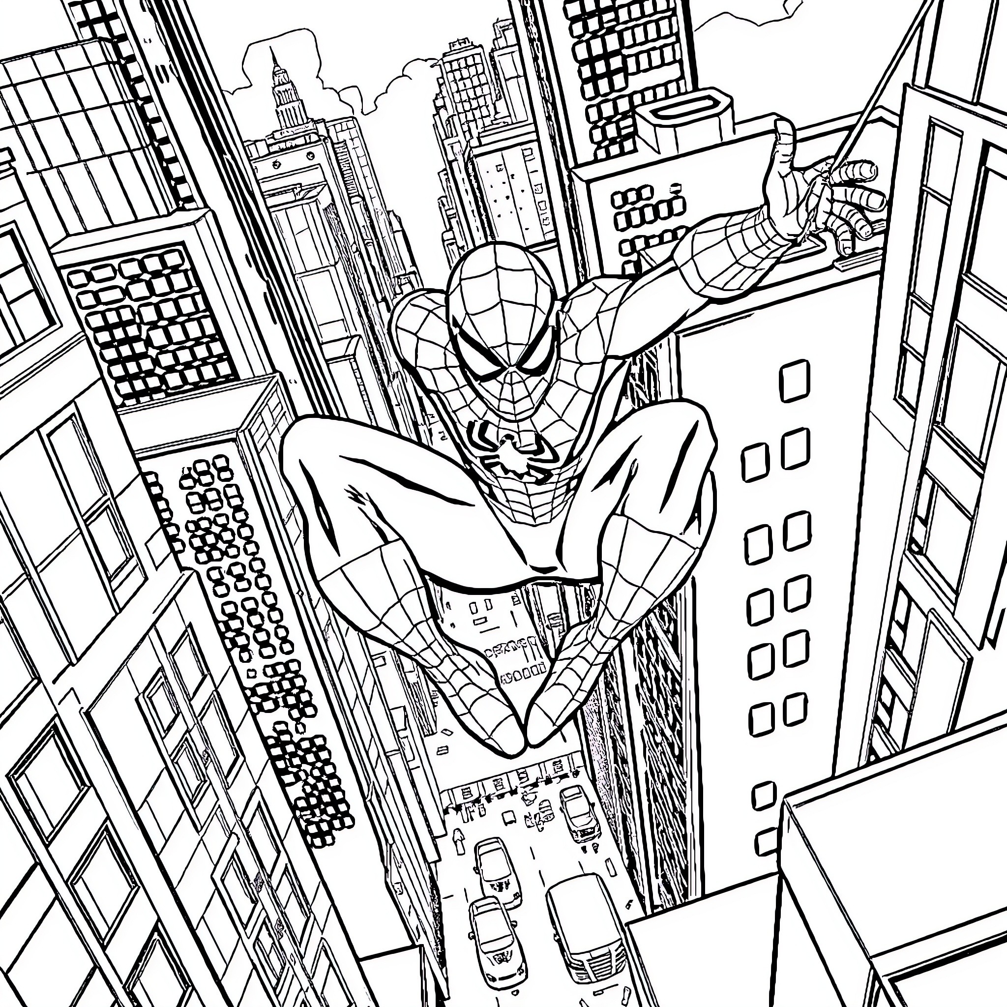 Spider-Man swinging through the city skyline Coloring Page (free black-and-white line drawing printable PDF for all, from beginners to advanced learners, including children, teens, adults, and seniors)
