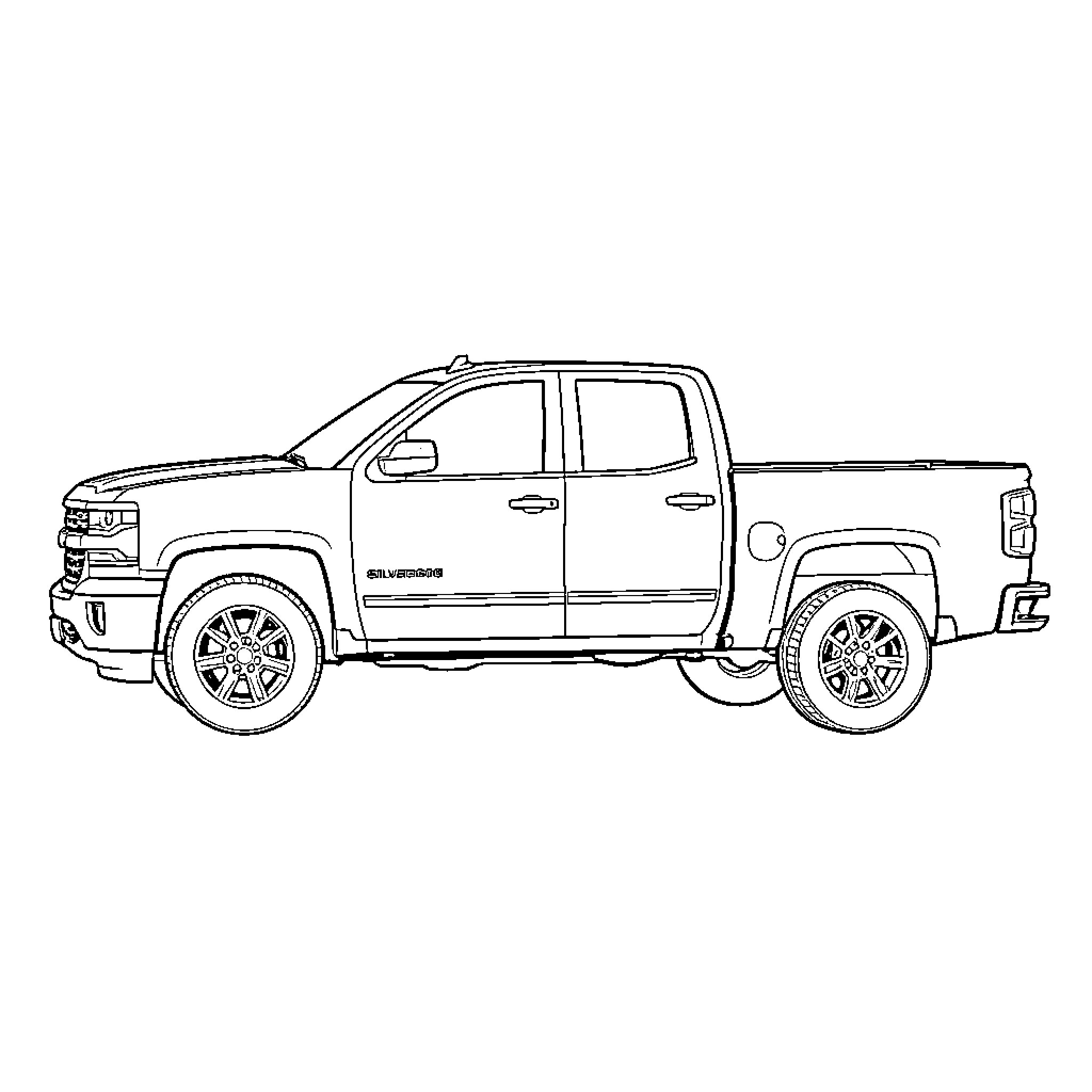 Chevy Silverado parked in a side profile view Coloring Page (free black-and-white line drawing printable PDF for all, from beginners to advanced learners, including children, teens, adults, and seniors)