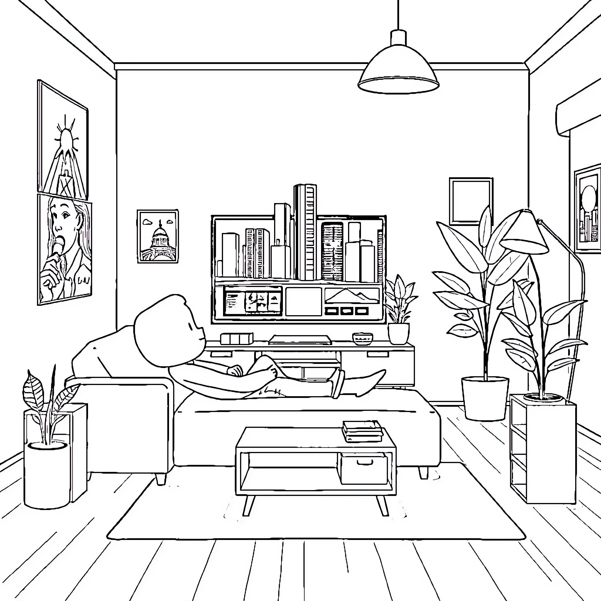 Cartoon Character in Cozy Living Room Setting Coloring Page (free black-and-white line drawing printable PDF for all, from beginners to advanced learners, including children, teens, adults, and seniors)