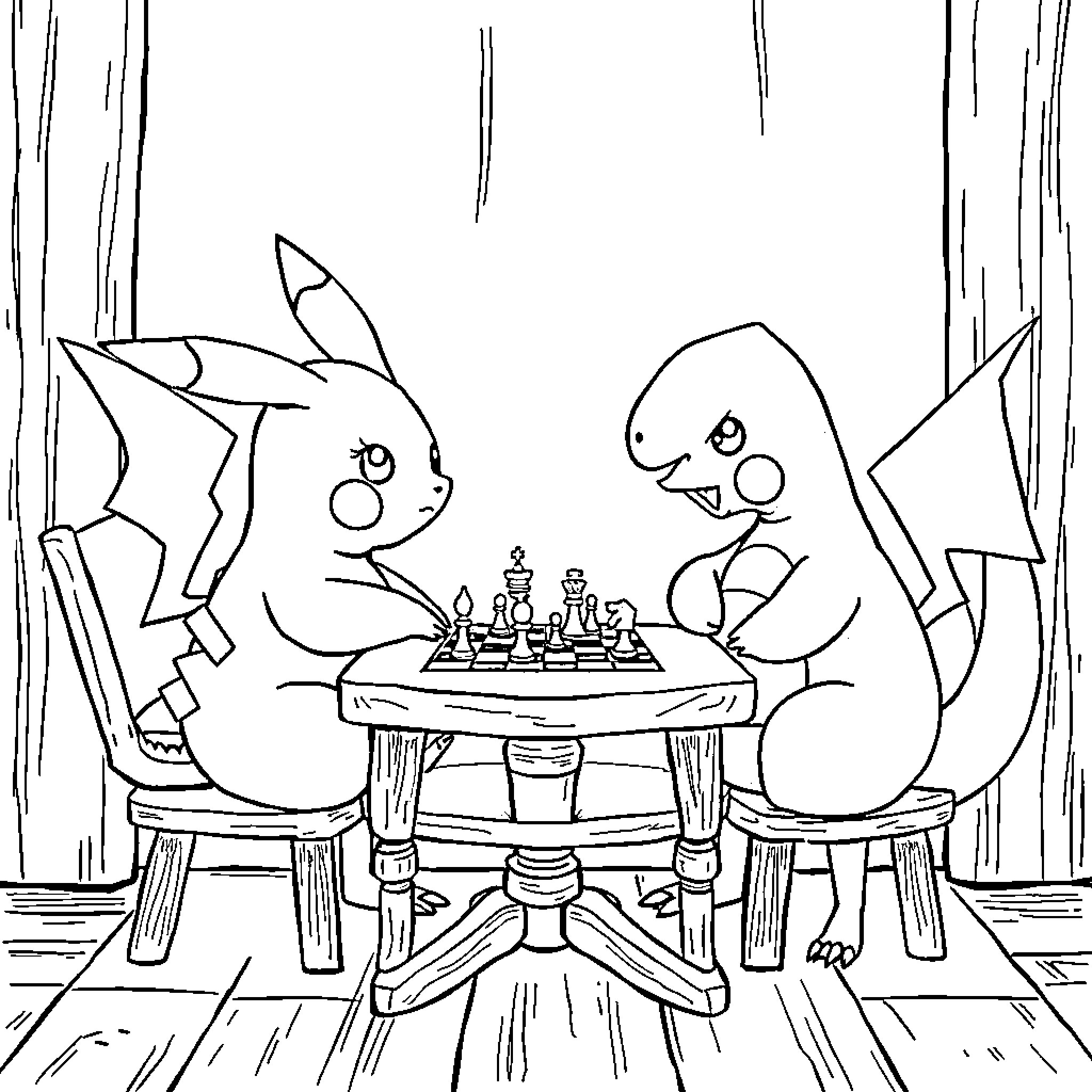 Pikachu and Charmander playing chess in the forest Coloring Page (free black-and-white line drawing printable PDF for all, from beginners to advanced learners, including children, teens, adults, and seniors)