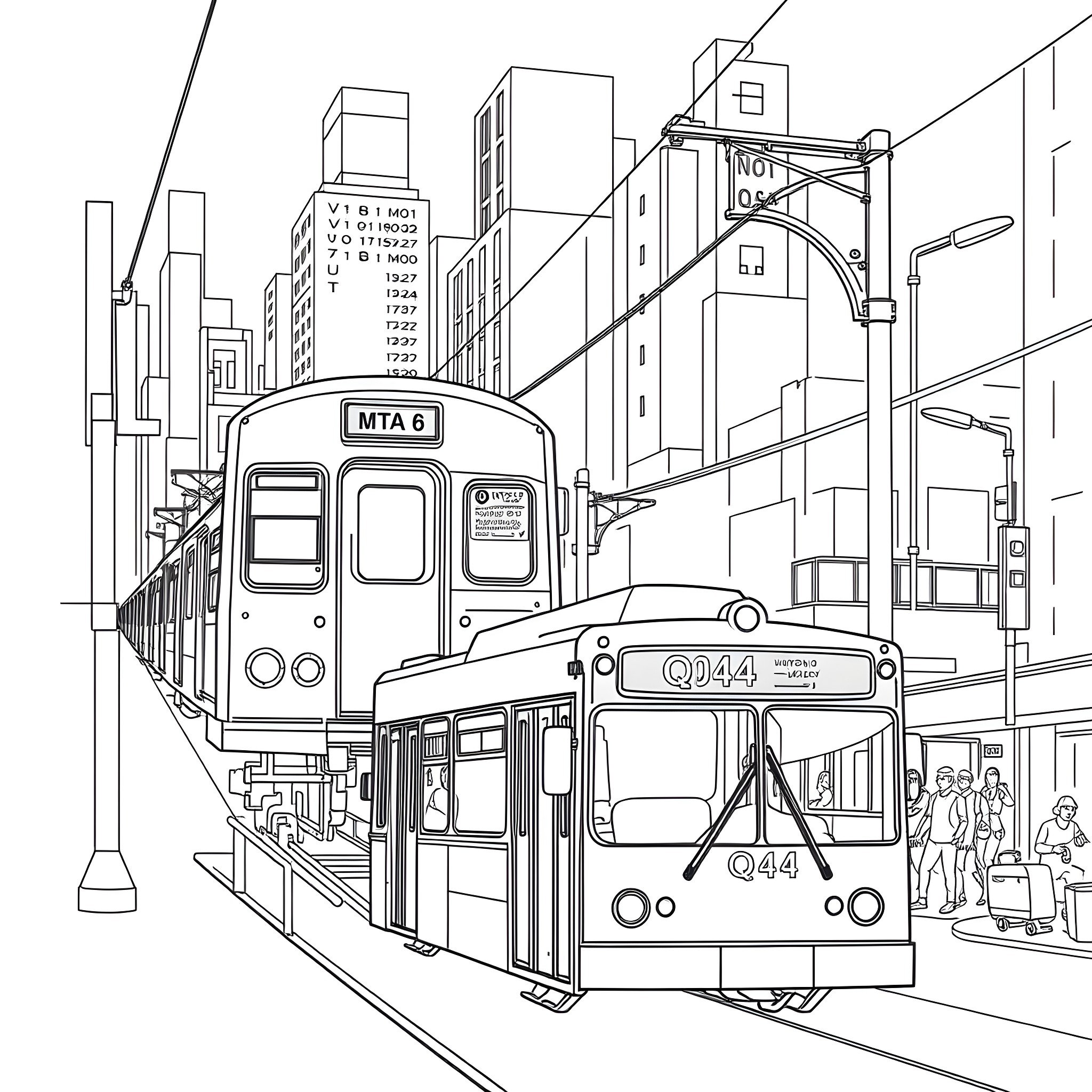 Train cars moving through a busy urban scene Coloring Page (free black-and-white line drawing printable PDF for all, from beginners to advanced learners, including children, teens, adults, and seniors)